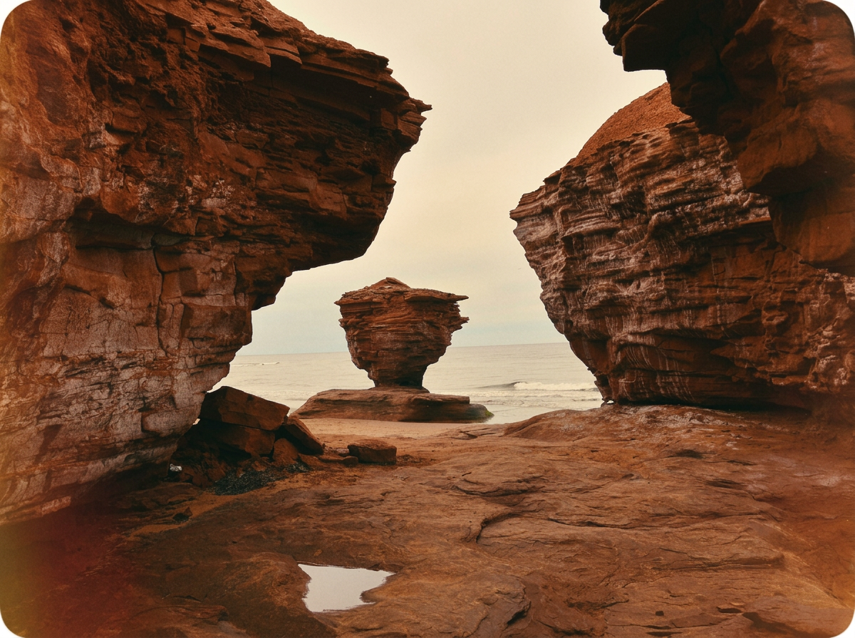 Red rock formations on a beach, with large sandstone boulders and a sea stack in the background, under a cloudy sky.
