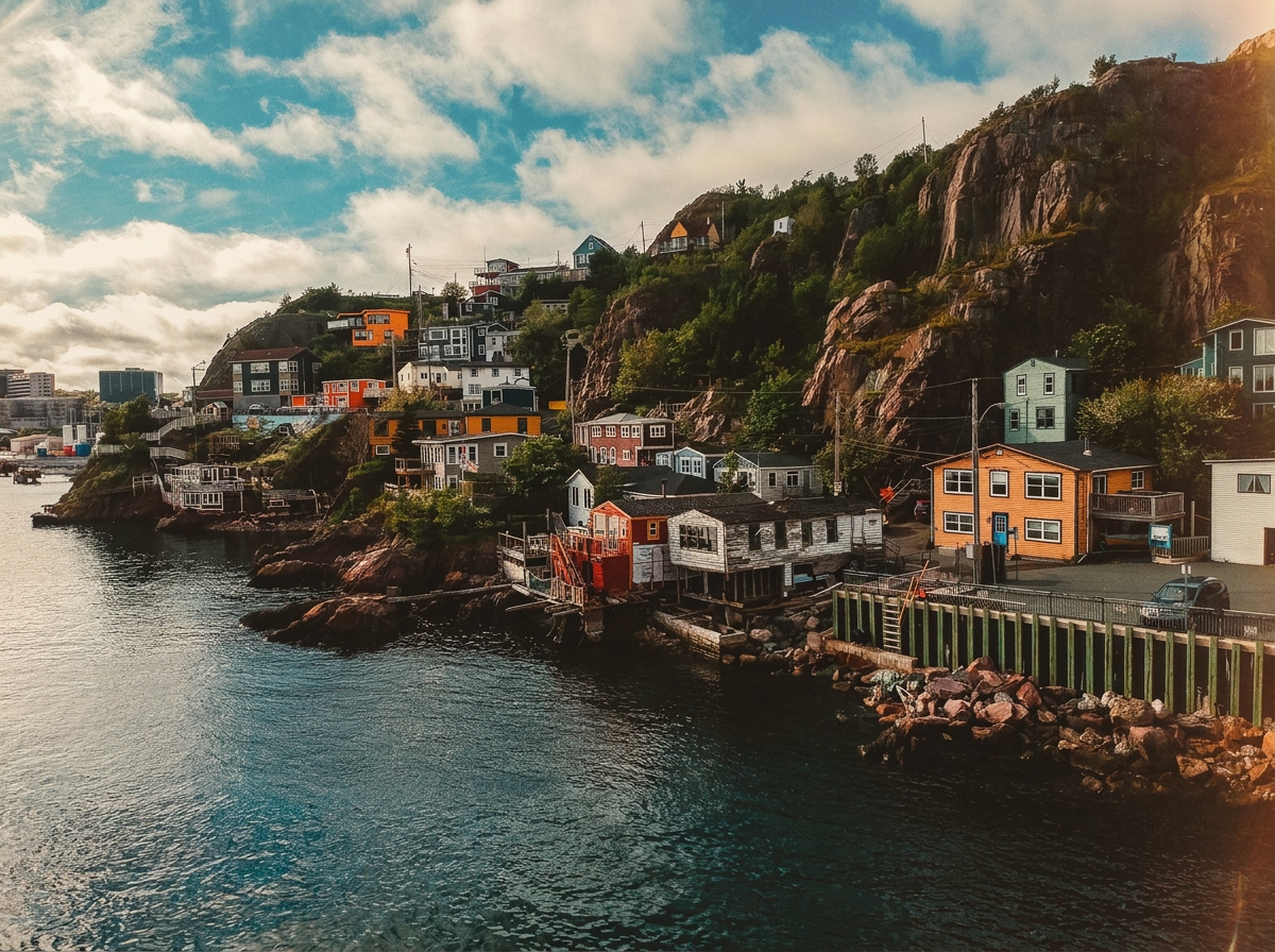 Colorful houses on a hillside overlooking a body of water, with some rocks along the shoreline and a partly cloudy sky.