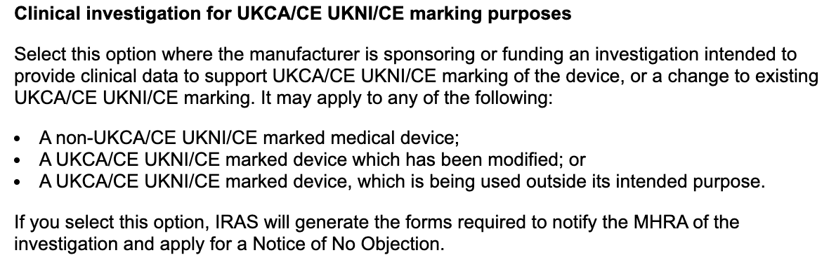 Clinical investigation for UKCA/CE UKNI/CE marking purposes