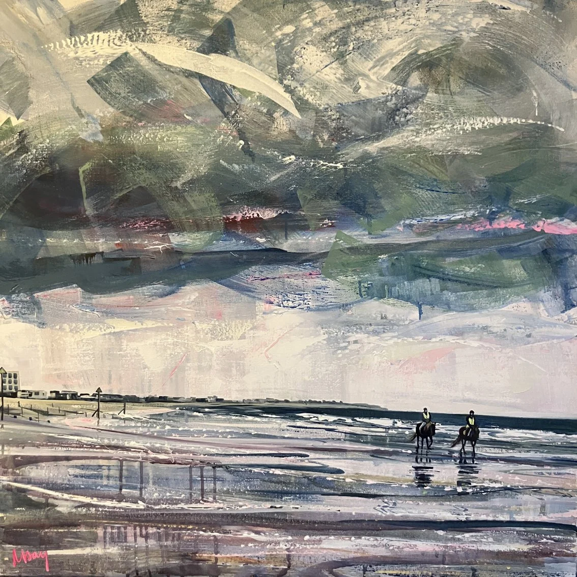 Dramatic and evocative coastal scene painted with bold marks depicting two horseriders on a windy beach with stormy skies overhead, painted by Nadia Day