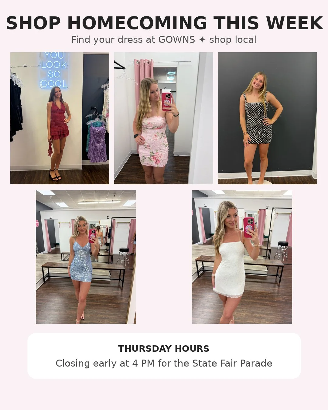 SHOP THIS WEEK WITH US! Please note we will be closing at 4pm on Thursday for the Illinois State Fair Parade! ⁠
⁠
📍  2757 S. 6th St. Springfield, Illinois 62703.⁠
No Appointment Needed For Prom or Homecoming⁠
 ✨ Store Hours: ⁠
Monday: 3-7⁠
Tuesday: 