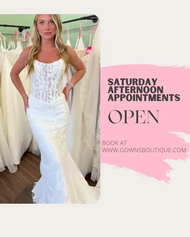 Here to help you find your perfect gown. Come see us this weekend. ⁠
Saturday availability &amp; Sunday at 1:30pm ⁠
⁠
Book today at www.gownsboutique.com