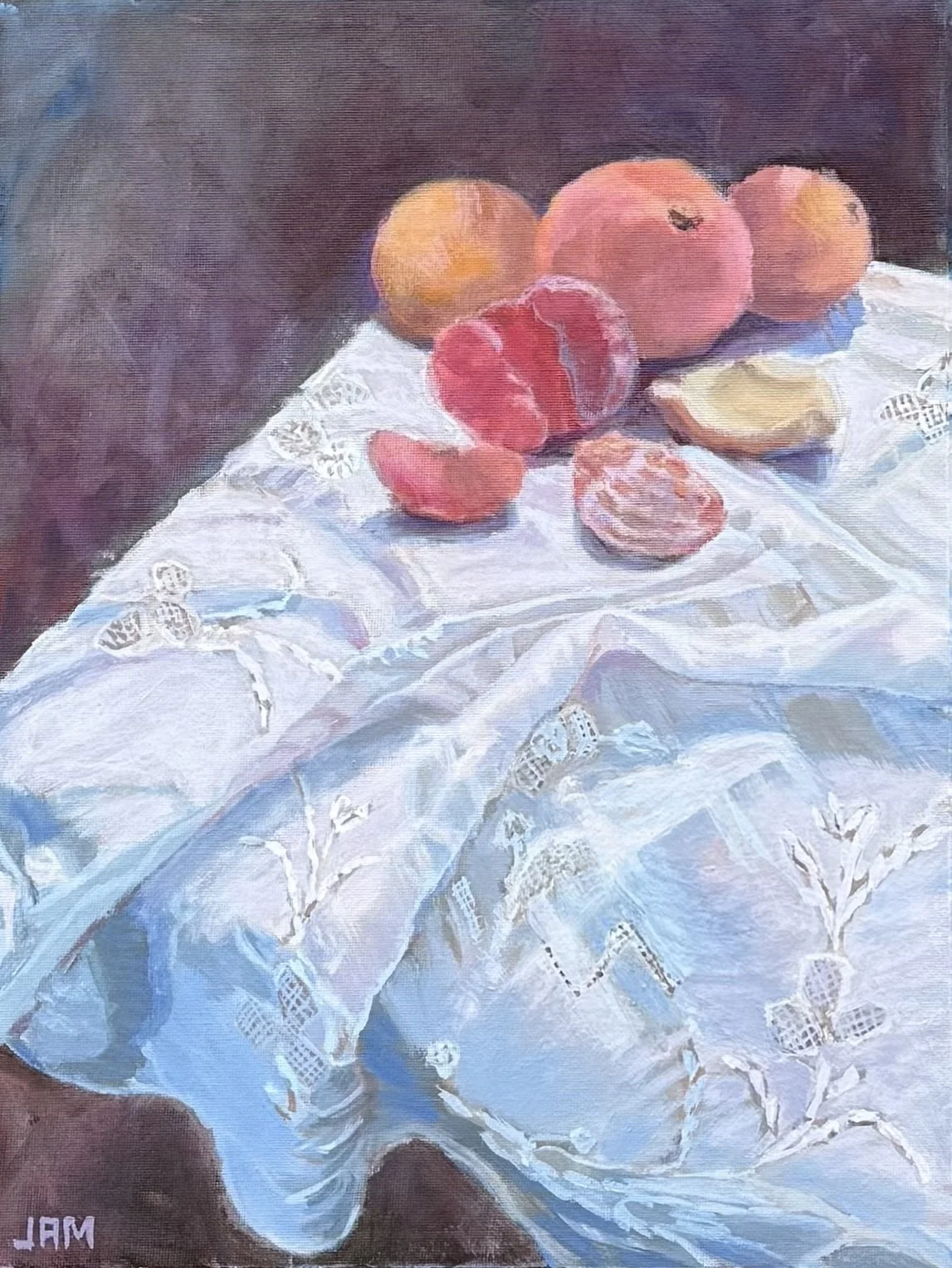 12"x16" Fruit on antique tablecloth