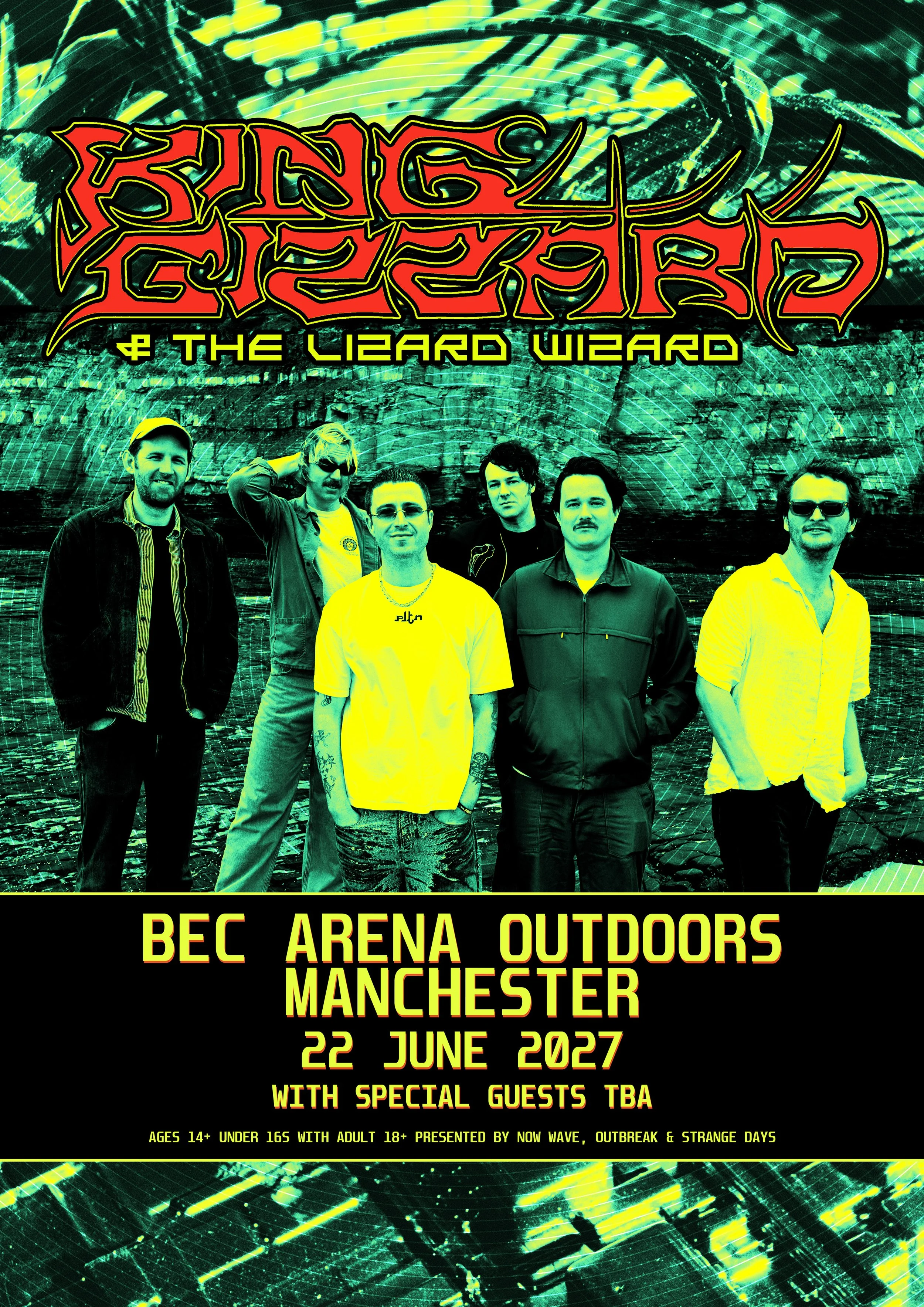 Concert poster for GUNS 2 ROSES, featuring six band members and announcing a June 22, 2027 performance at Manchester's BEC Arena Outdoors with special guests.