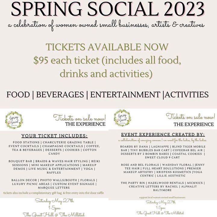 Tickets still available❕❕

Last year was so fun and this year it&rsquo;s going to be better!

The Spring Social will be held on May 27th from 1-5pm at The Great Hall @ The Millstad in Bel Air, MD 💐

This unique event will feature food, drinks, enter