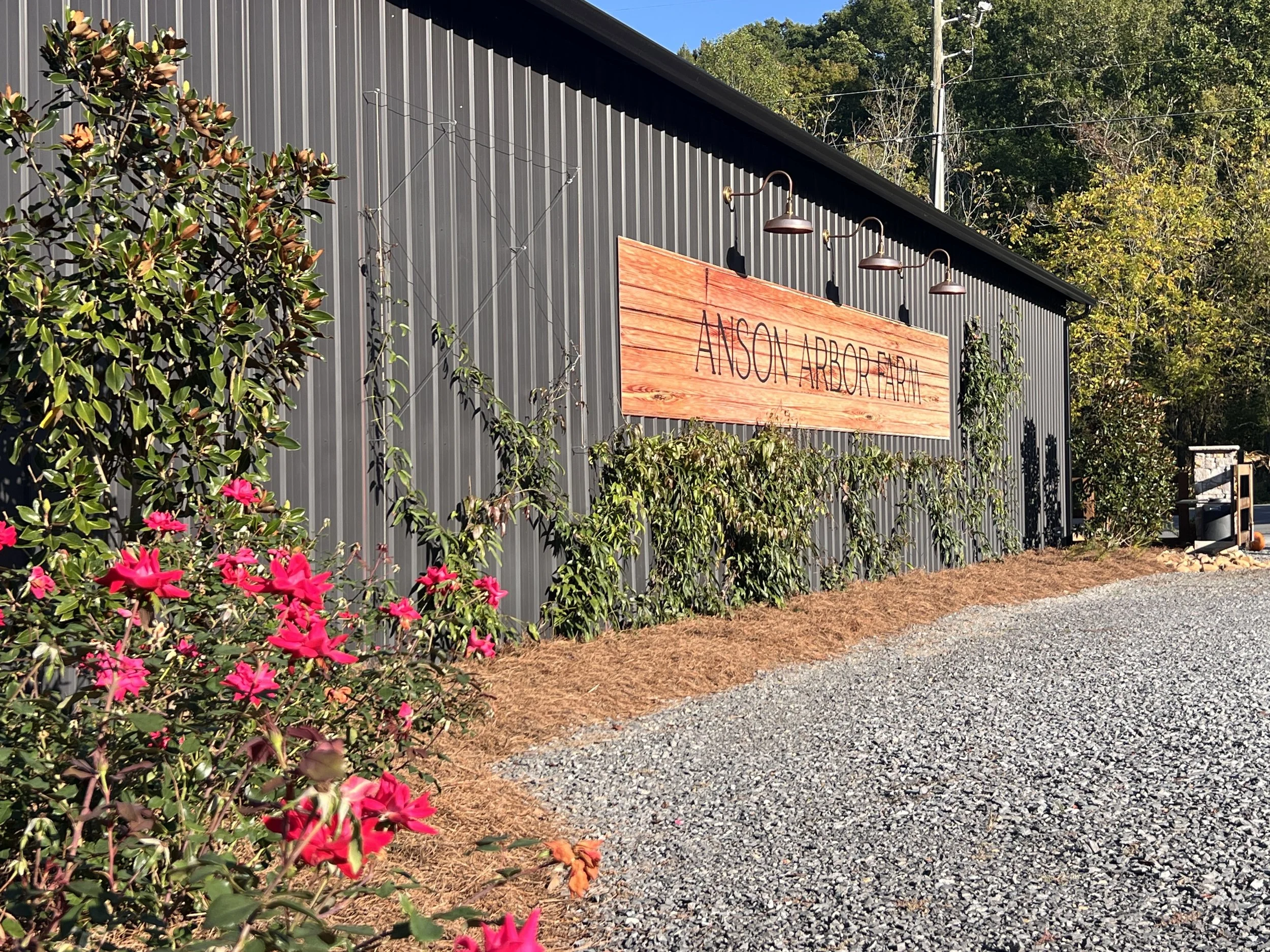 Exterior of a building with a sign reading 'ANSON ARBOR FARM,' surrounded by green plants and red flowers on a gravel path.