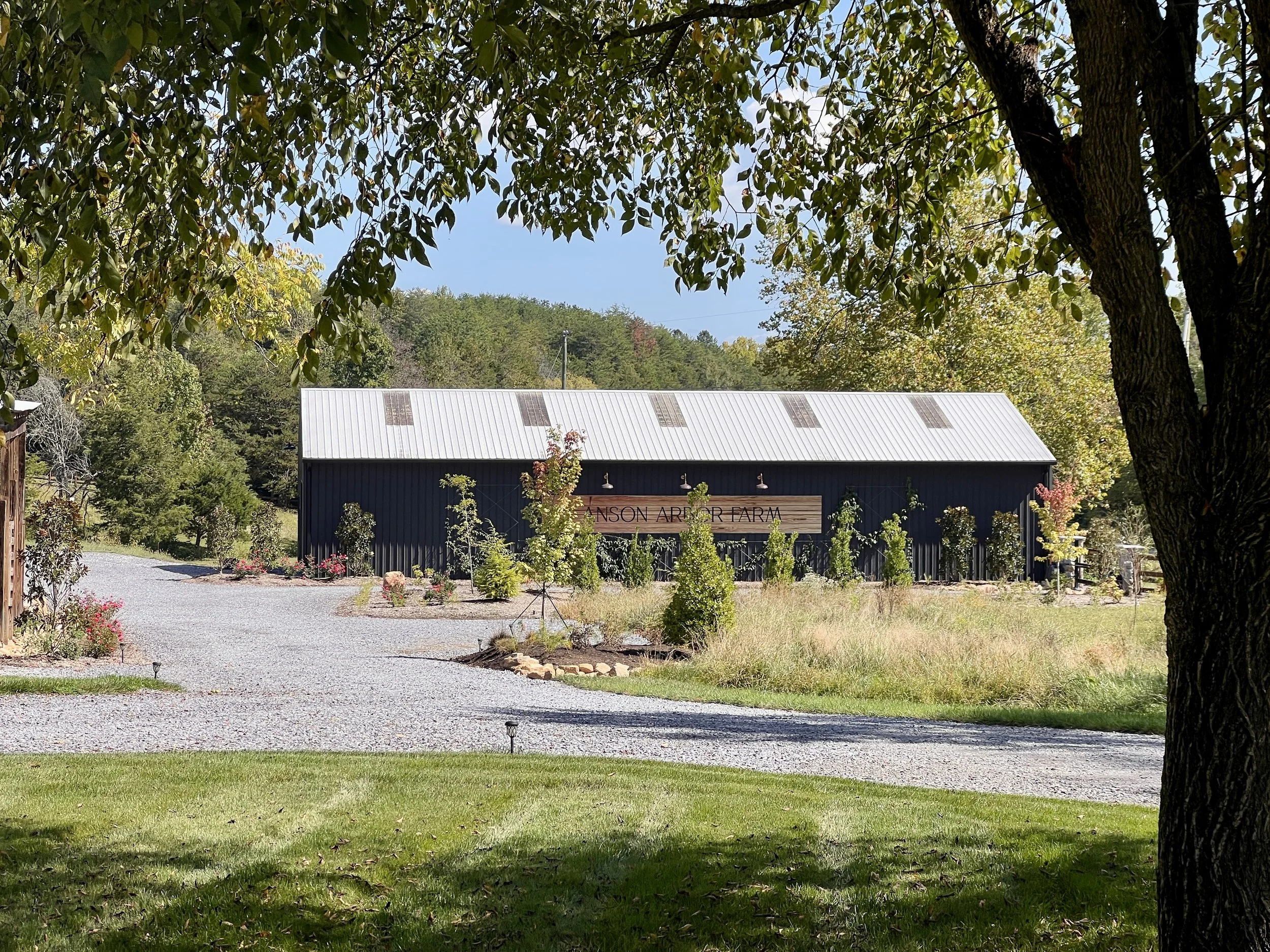 A barn with a metal roof surrounded by trees and greenery, with a gravel path and landscaped garden, viewed through branches.
