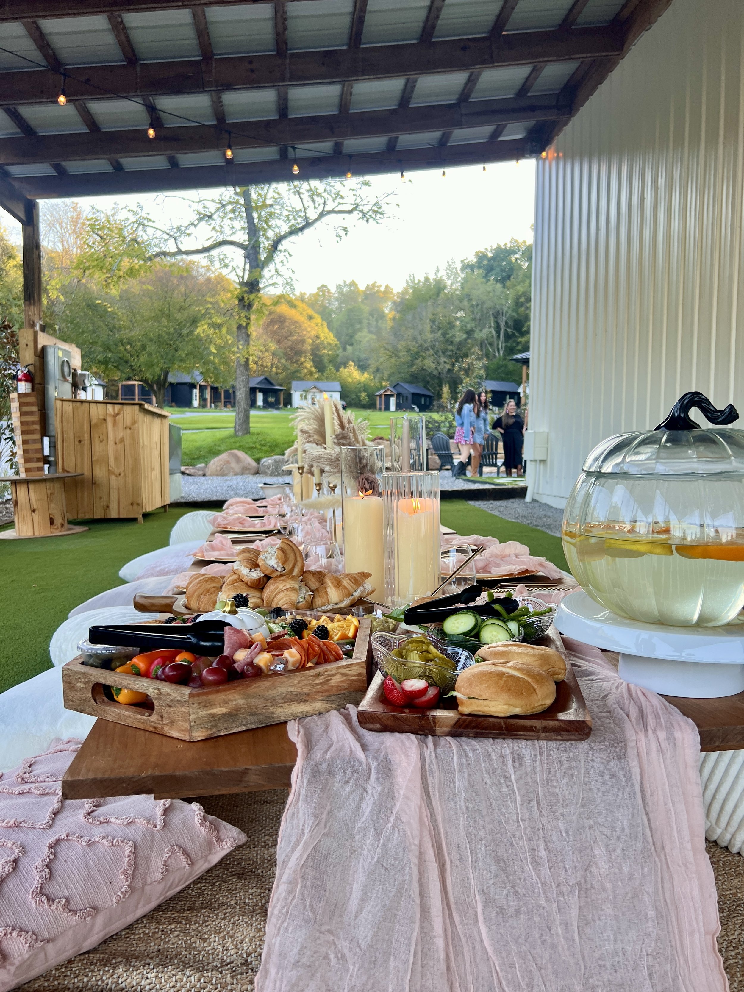 Outdoor picnic setup with wooden table, charcuterie board featuring fruits, vegetables, pastries, and a drink dispenser. Soft pink cloths and cushions are used for seating. Background shows trees and small cabins.