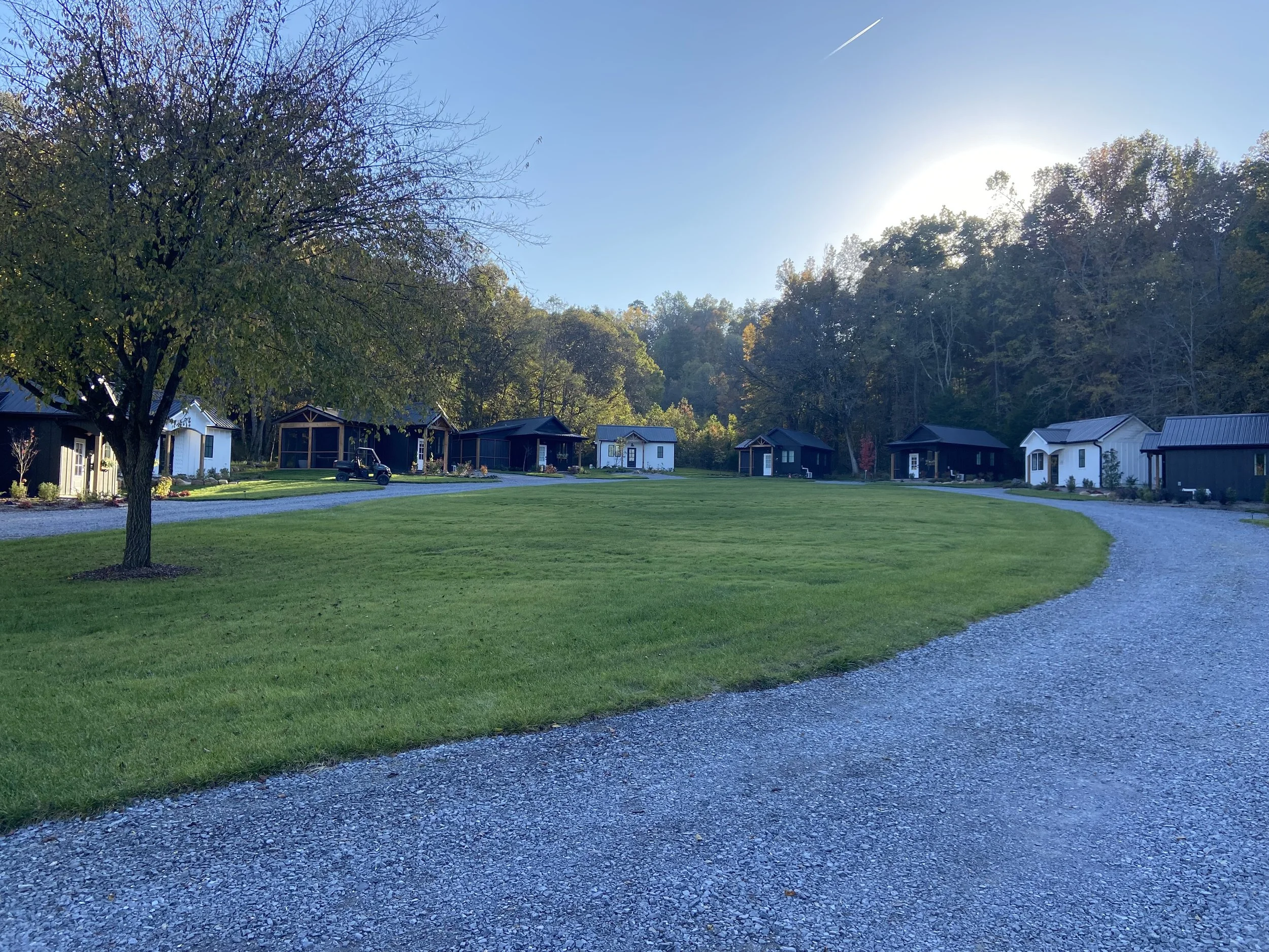 A row of small, dark-colored cabins is situated along a gravel path in a rural, wooded area. A large grassy field is in the foreground with a single tree on the left. The sun is shining brightly in the background.