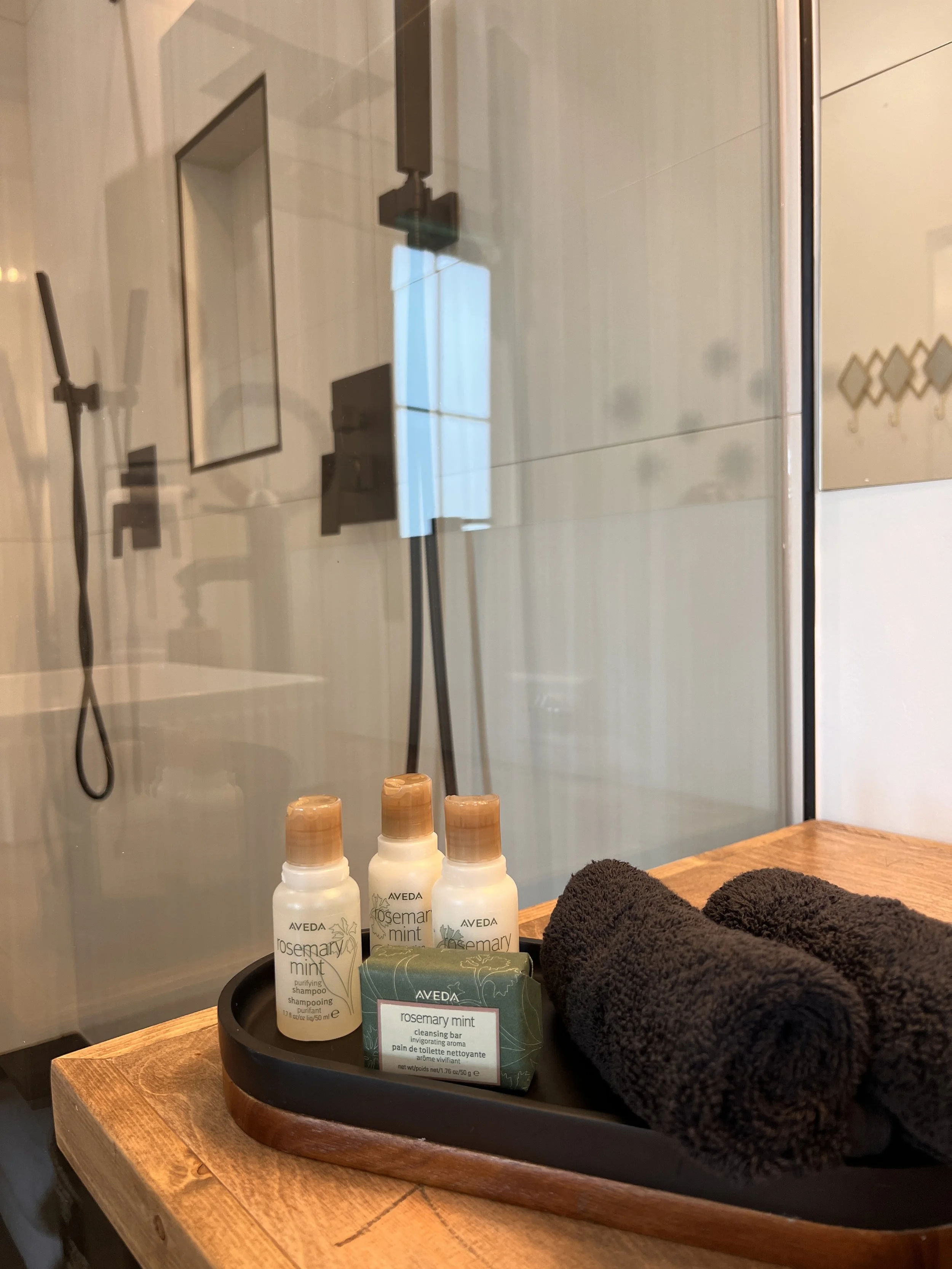 Bathroom counter with Aveda Rosemary Mint products including shampoo and cleansing bar, two black rolled towels, and a reflection of a shower door.