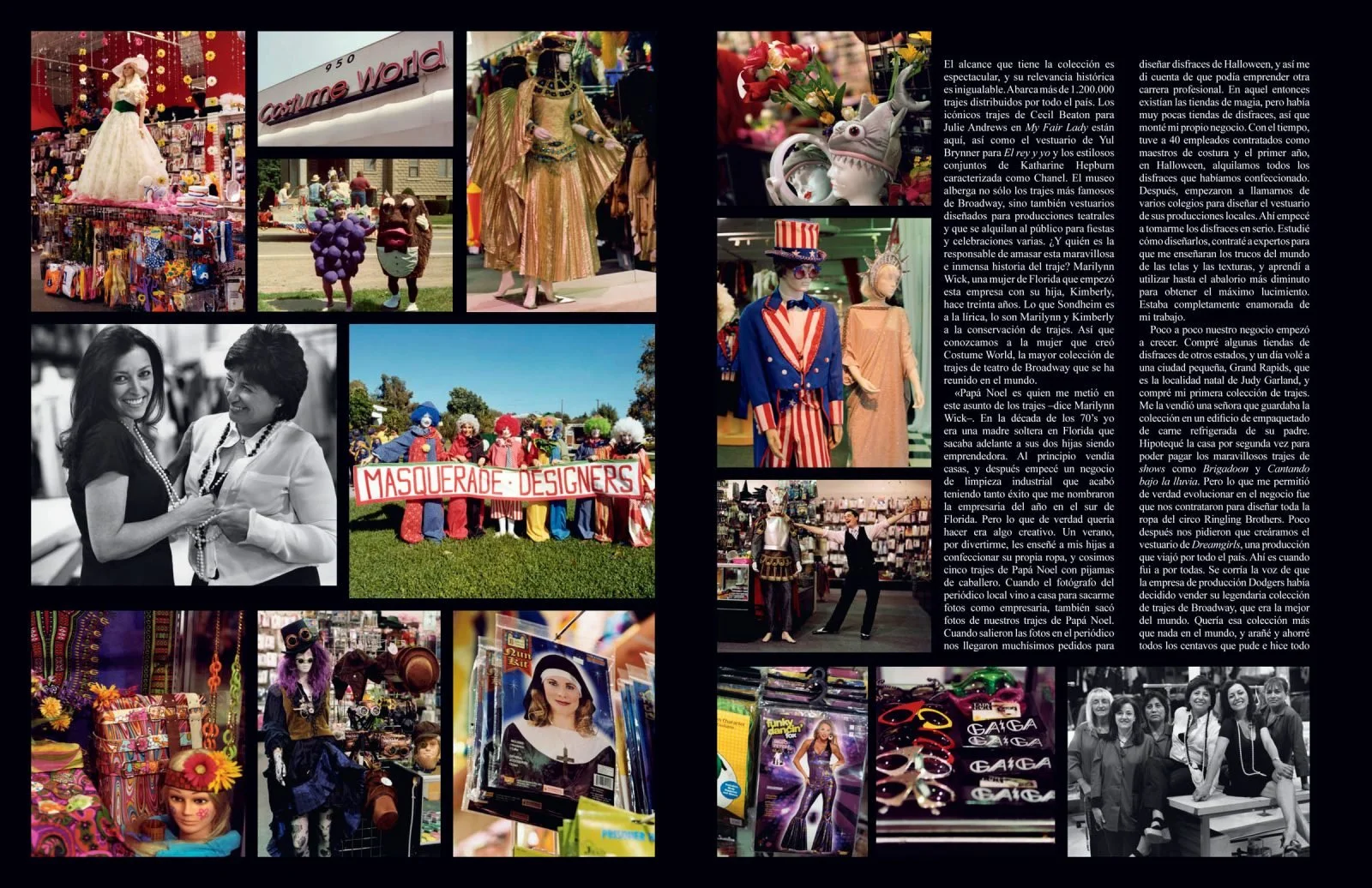 Magazine spread featuring costume store, Costumes and masks, Clowns holding a 'Masquerade Designers' banner, and various colorful decorations. Text in Spanish on right page.