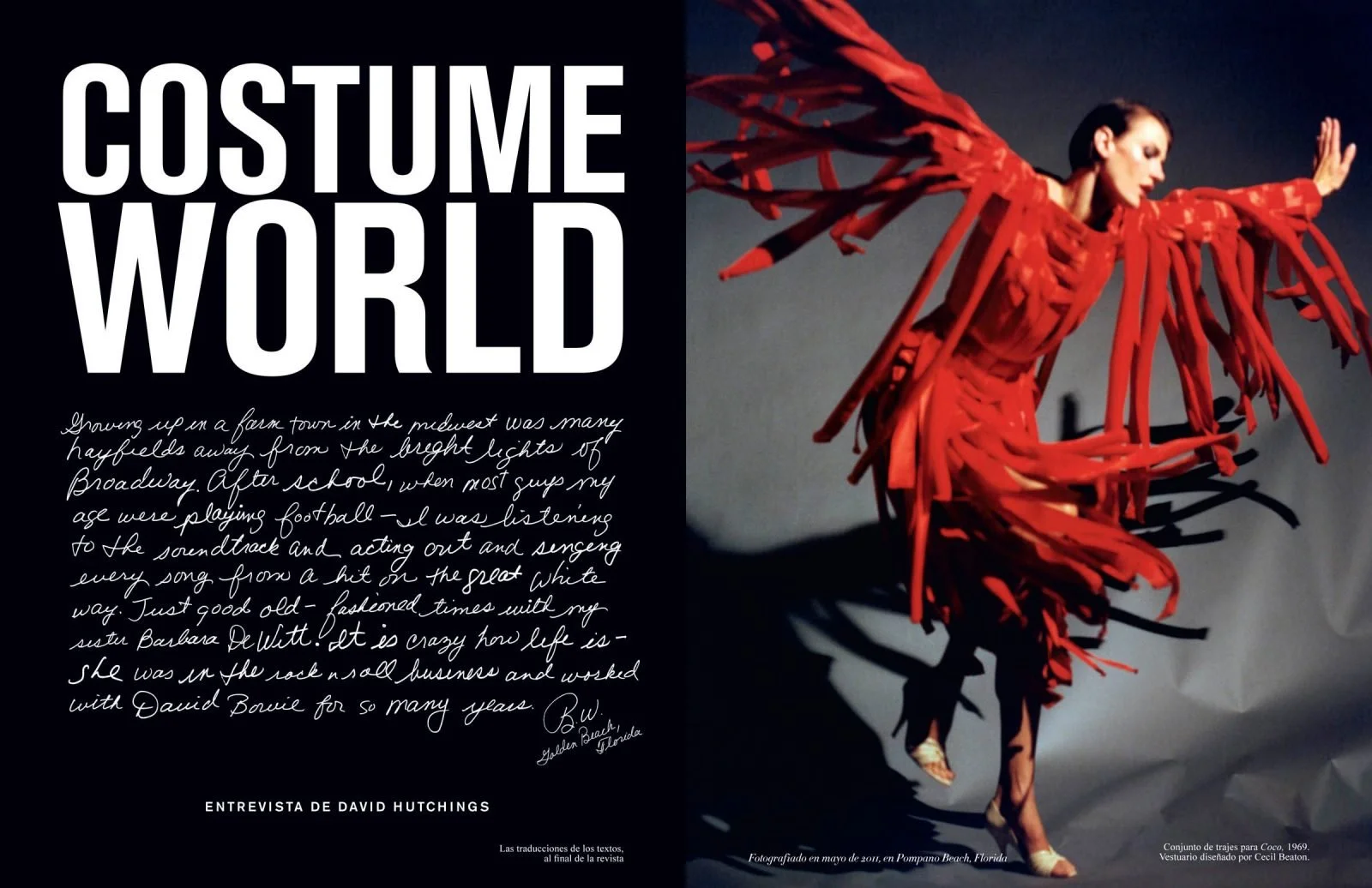 Magazine spread titled 'Costume World' featuring text in a handwritten style on the left and a model wearing a red costume with long, ribbon-like extensions on the right. Photographed in Pompano Beach, Florida.