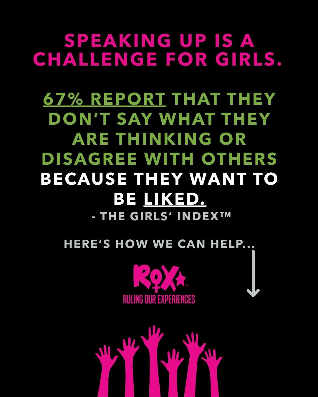 According to The Girls&rsquo; Index&trade;, girls&rsquo; desire to be liked keeps them from speaking up. In fact, 67% report that they don&rsquo;t say what they are thinking or disagree with others because they want to be liked.

So what can we do to