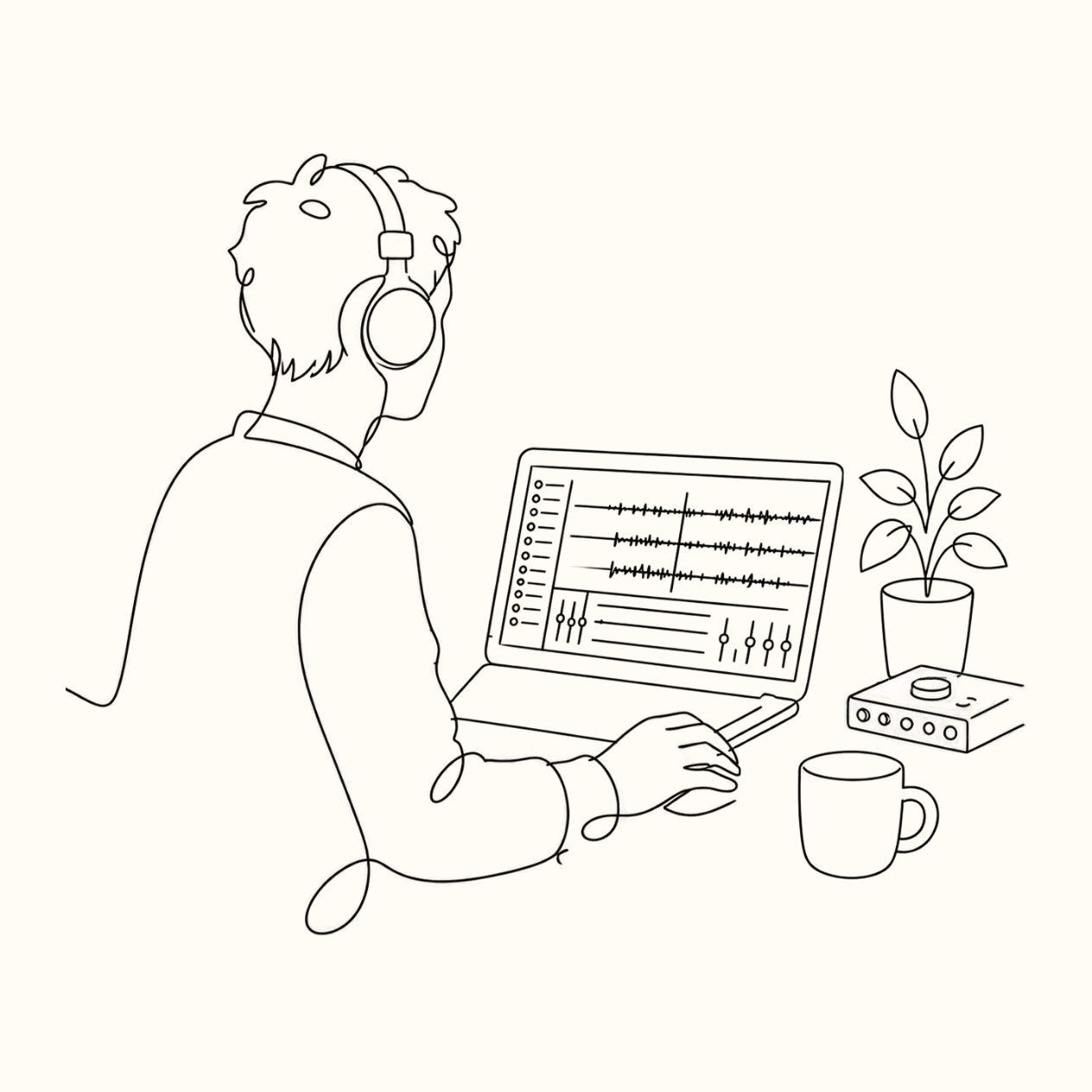 Line-tekening van een persoon met koptelefoon die audio bewerkt op een computer