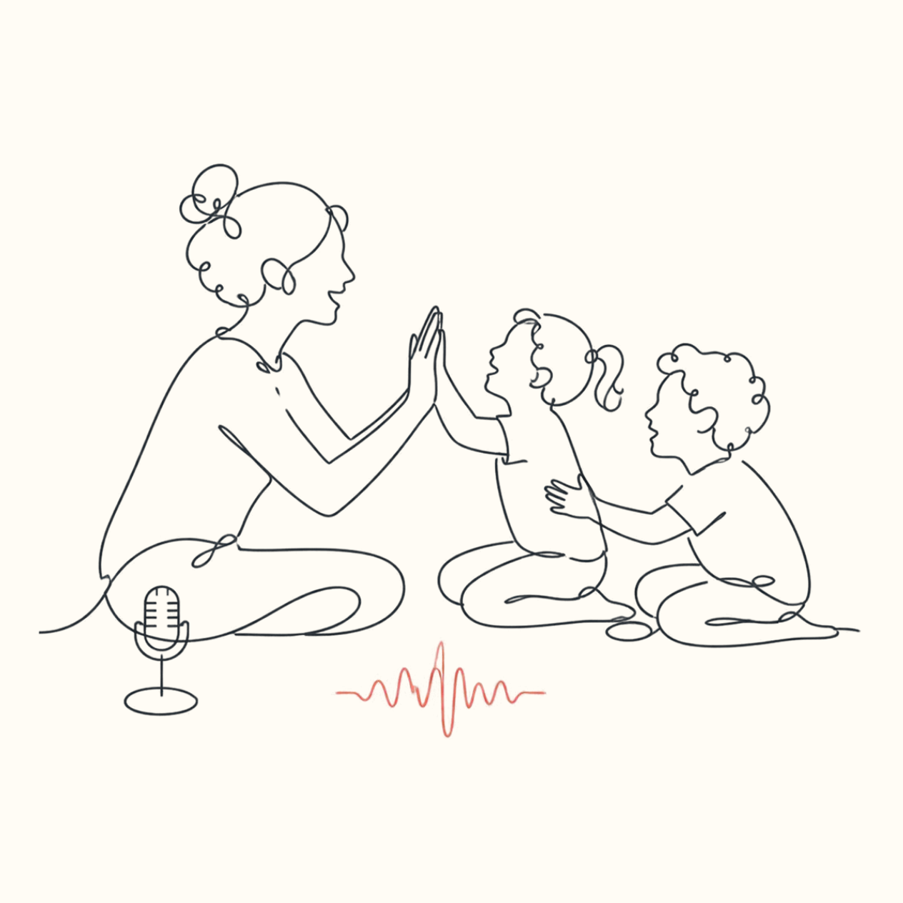 Een lijntekening van een vrouw die drie kinderen knuffelt, met een microfoon en geluidsgolven in de afbeelding.