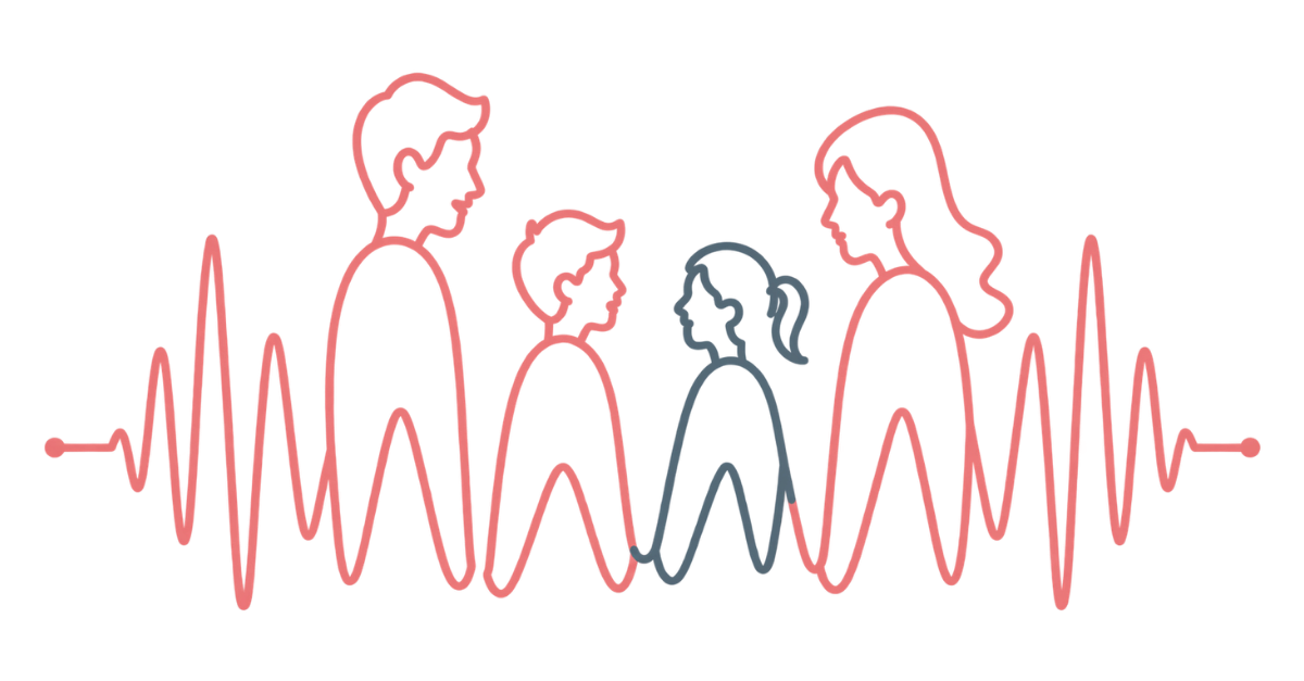 Lijntekening van vier volwassenen en een kind, met hartslagen op de achtergrond, symboliseert familie, emotie en verbondenheid.
