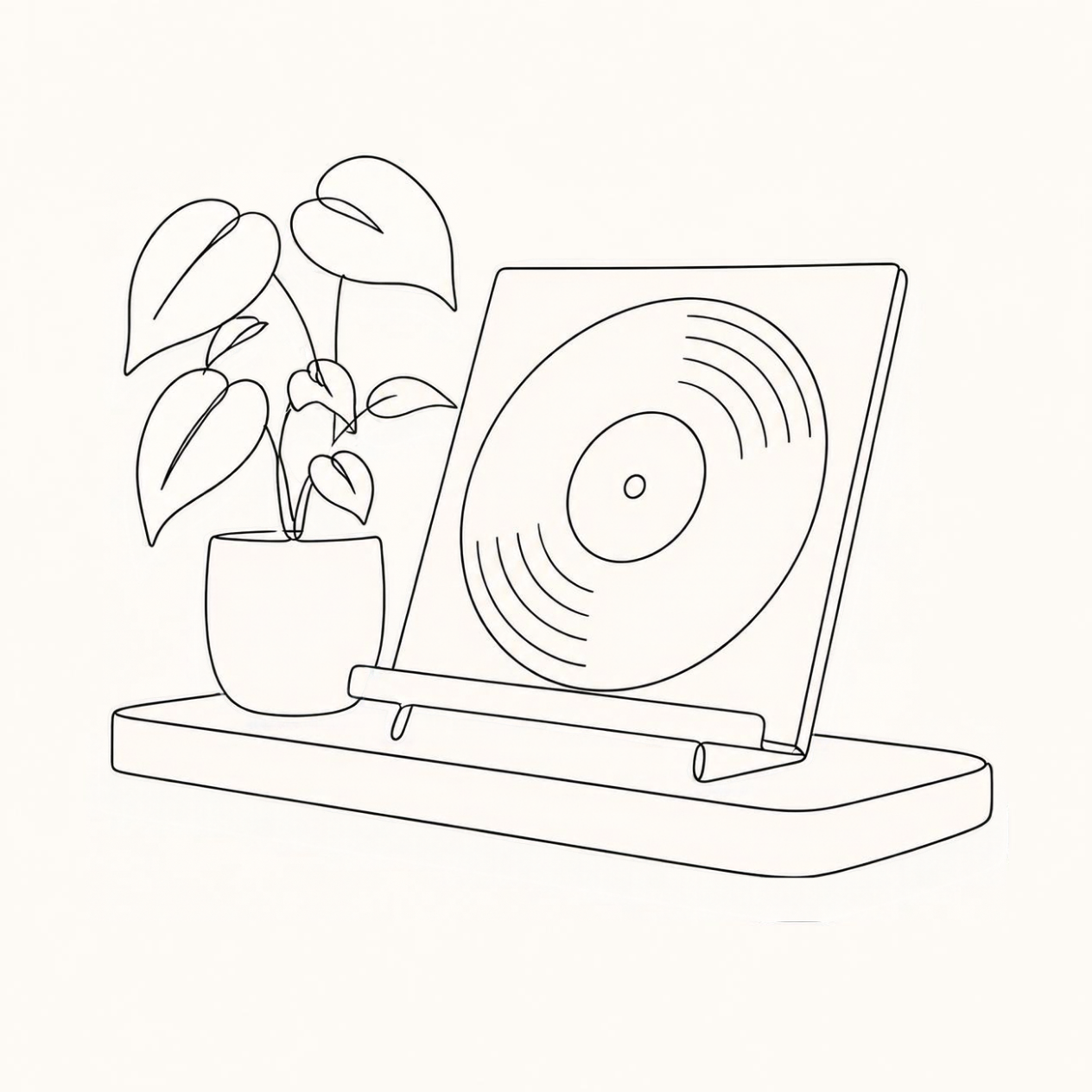 Lijntekening van een platenspeler met een plant in een pot ernaast, alles op een plank.