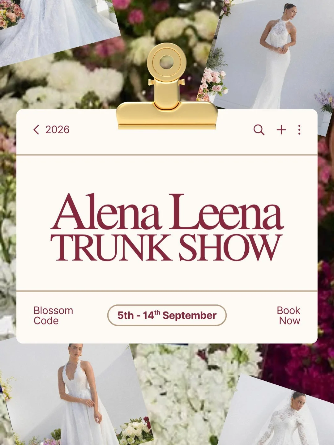 Alena Leena
Blossom Code 🌸 
TRUNK SHOW

Alena Leena&rsquo;s latest collection &lsquo;blossom code&rsquo; is coming to The Aisle for a limited time only. The trunk show will be in store from the 5th until the 14th September. 

Also&hellip; brides, if