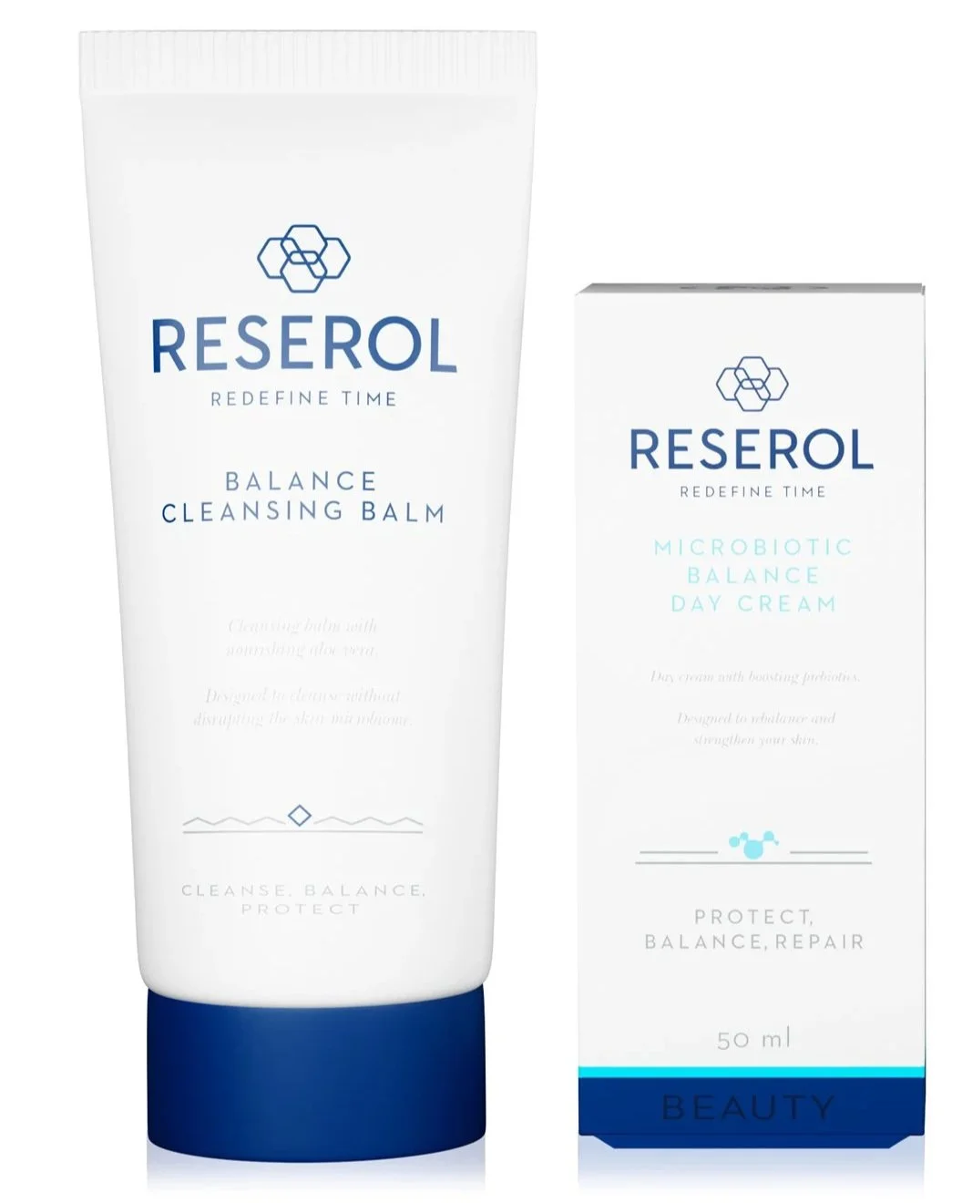 Collection of skincare products from the brand Reserol, including a cleansing balm, microbiotic balance day and night creams, and a serum, all featuring a white and blue minimalist design.