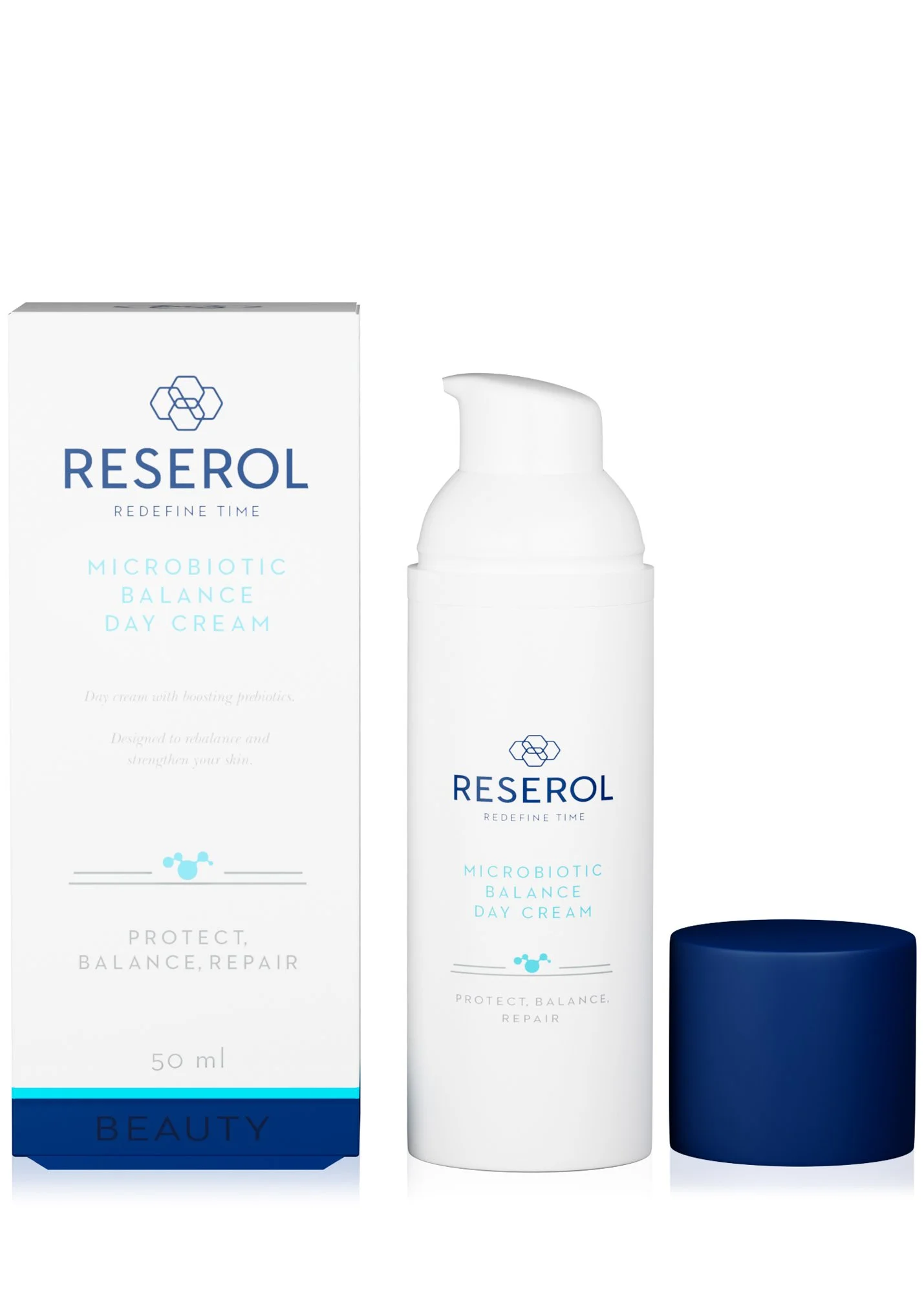 A skincare product called Reserol Microbiotic Balance Day Cream, with the box on the left and the white bottle with a pump dispenser in the center. The box and bottle have blue and white labeling featuring the Reserol logo and product description.