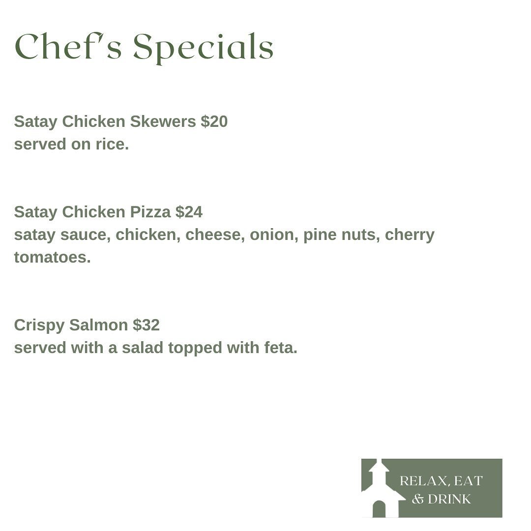 This weekends specials 🤩
Please note we are fully booked Saturday night, however still have tables available for the rest of the weekend. 
Call us or message us to make a booking 📞 #olddalystonchurch #restaurant #visitgippsland #dalyston #basscoast