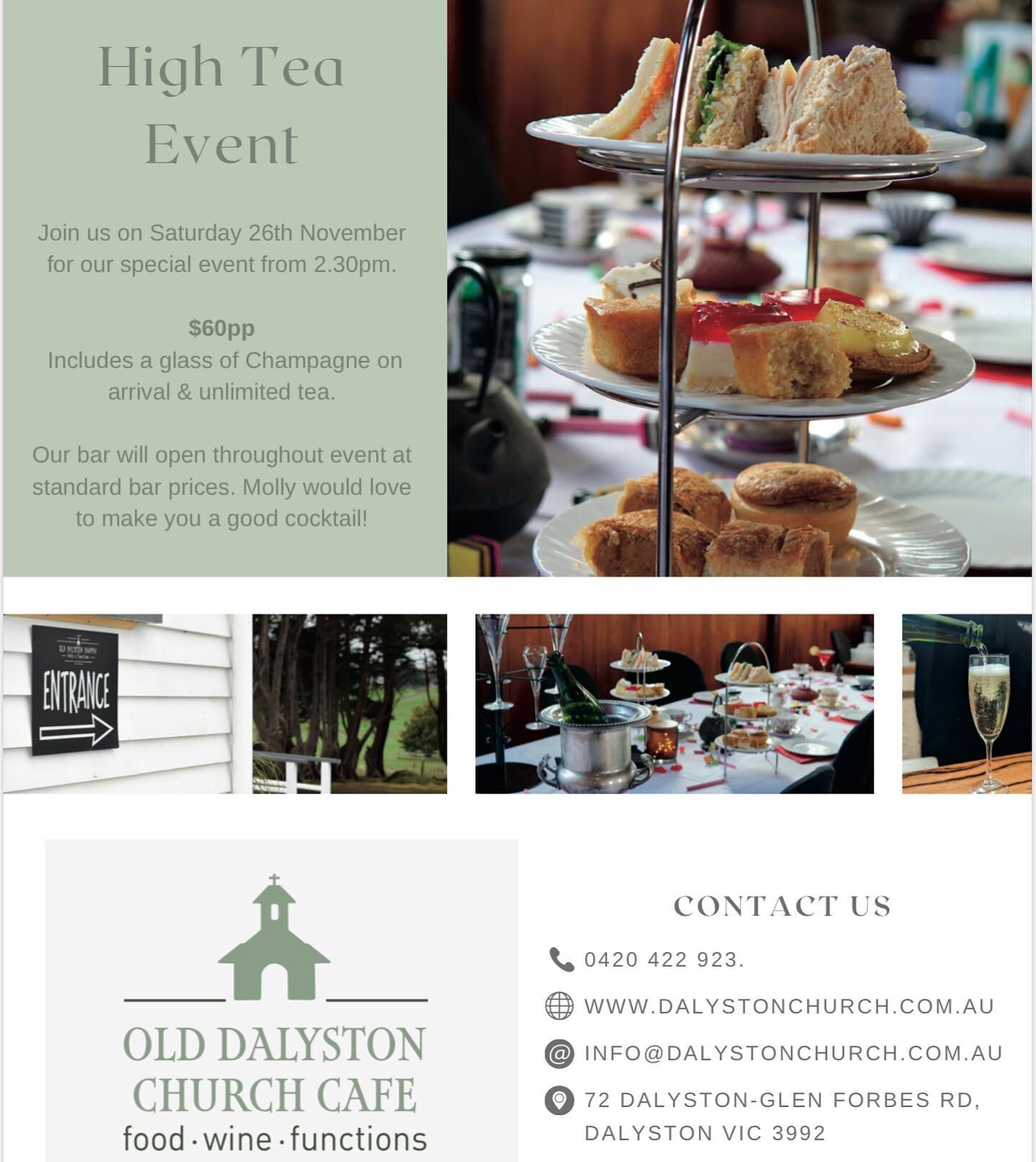 Been thinking about joining us for high tea? Here&rsquo;s your sign to book it in.

Grab your friends, loved ones or even a stranger 😉 and book your table for high tea on the 26th!

Bookings are limited so get in early 📞
#olddalystonchurch #restaur