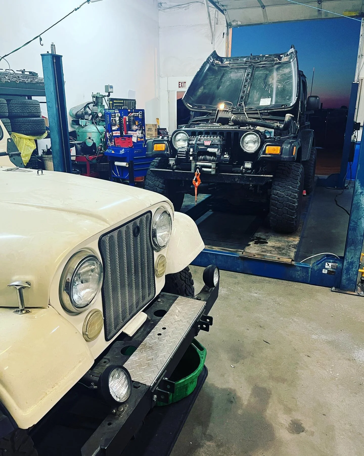 Jeeps in the shop! The little White CJ7 from my high school days still waiting to be driven one of these days. But it’s safe and sound in the corner of my shop.