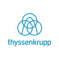 Logotipo azul de Thyssenkrupp con símbolo geométrico y texto debajo.