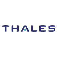 Logotipo de la empresa Thales con letras en azul oscuro en fondo blanco.