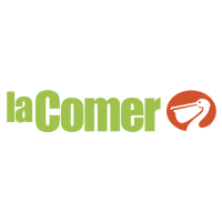El logo de La Comer con letras verdes y un icono de un animal con hocico en color blanco y fondo naranja.