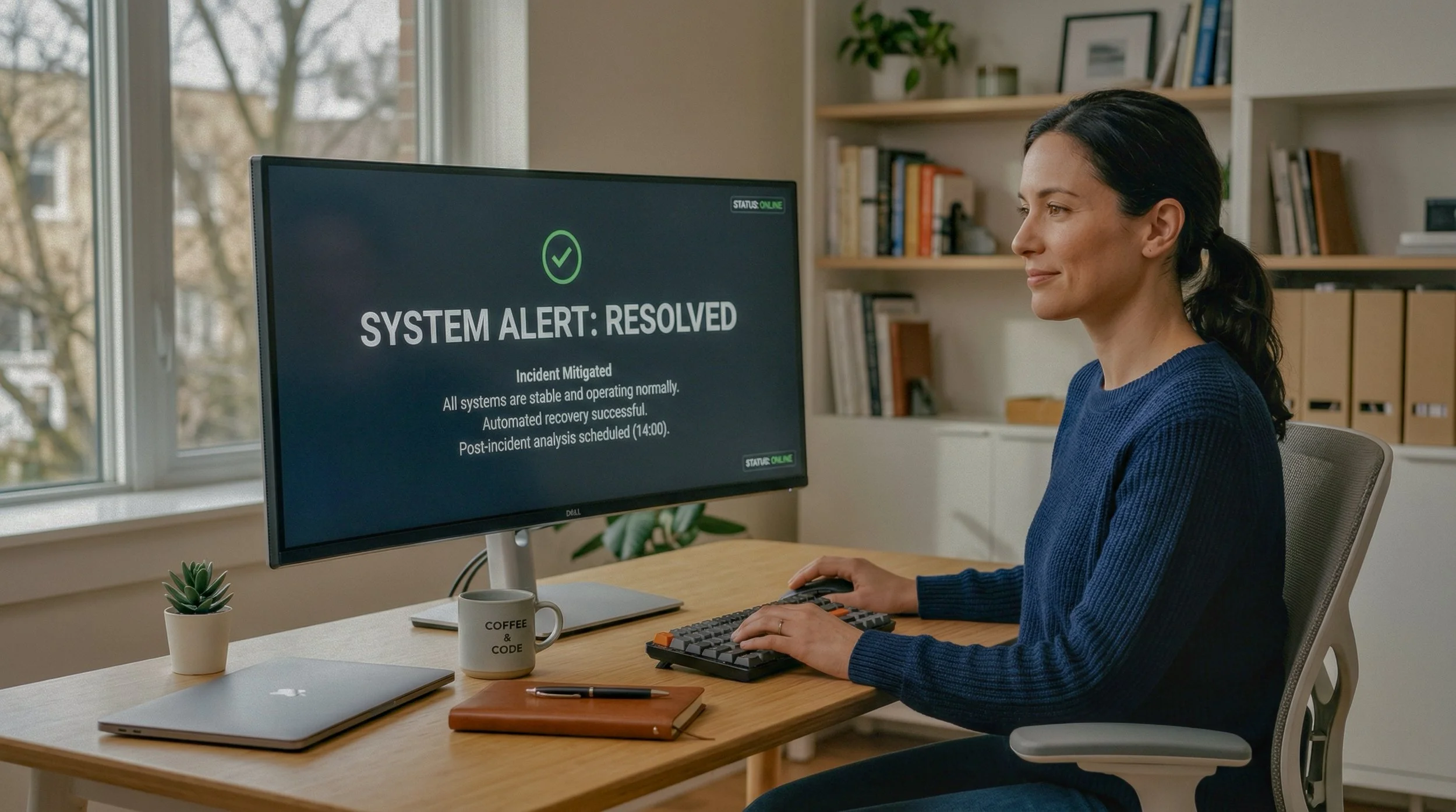 Mujer en oficina viendo pantalla que dice 'Sistema Resuelto' con mensaje de recuperación automática y análisis posterior programado.