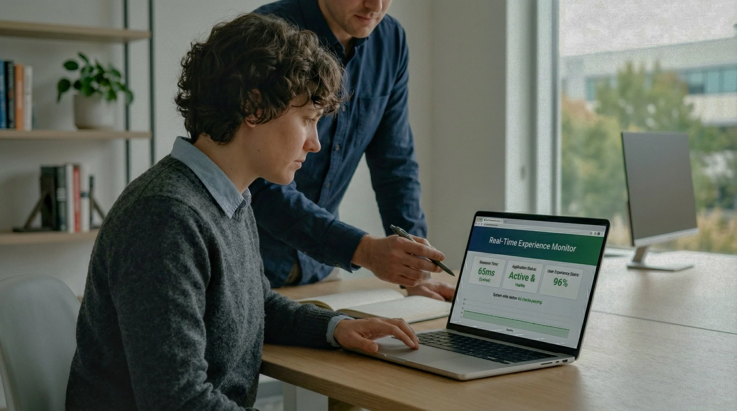 Persona sentada en una mesa de oficina usando una computadora portátil con monitoreo de experiencia en tiempo real, mientras otra persona le señala la pantalla, en un ambiente de oficina con ventanas grandes y estantería con libros.