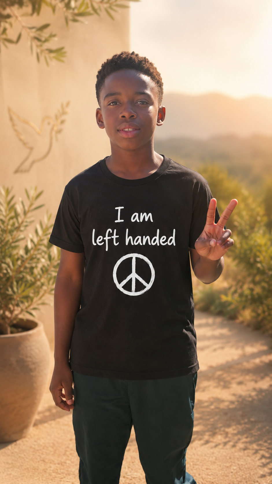 boy wearing a shirt that says "I am left handed" with a peace sign below it. He is making a peace sign with his left hand.