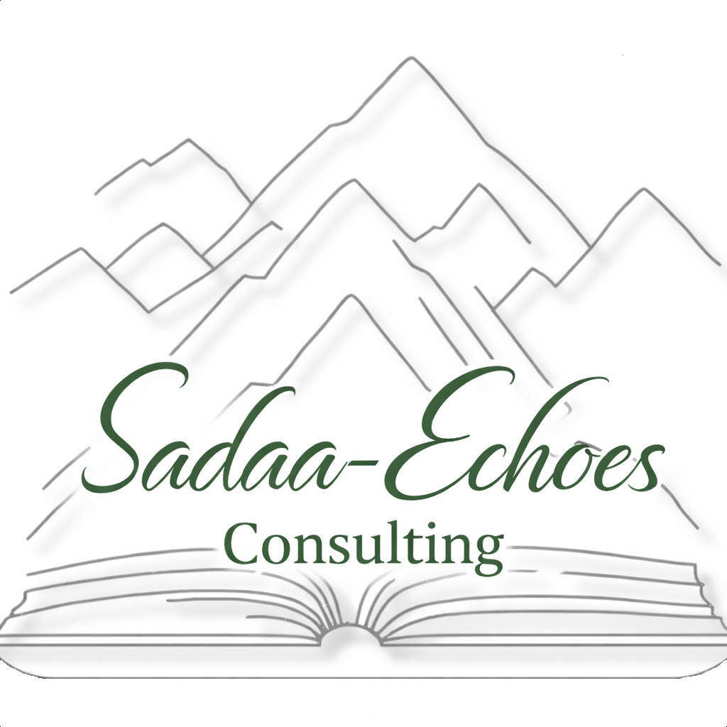 Sadda-Echoes Consulting logo, open book with mountains in the background