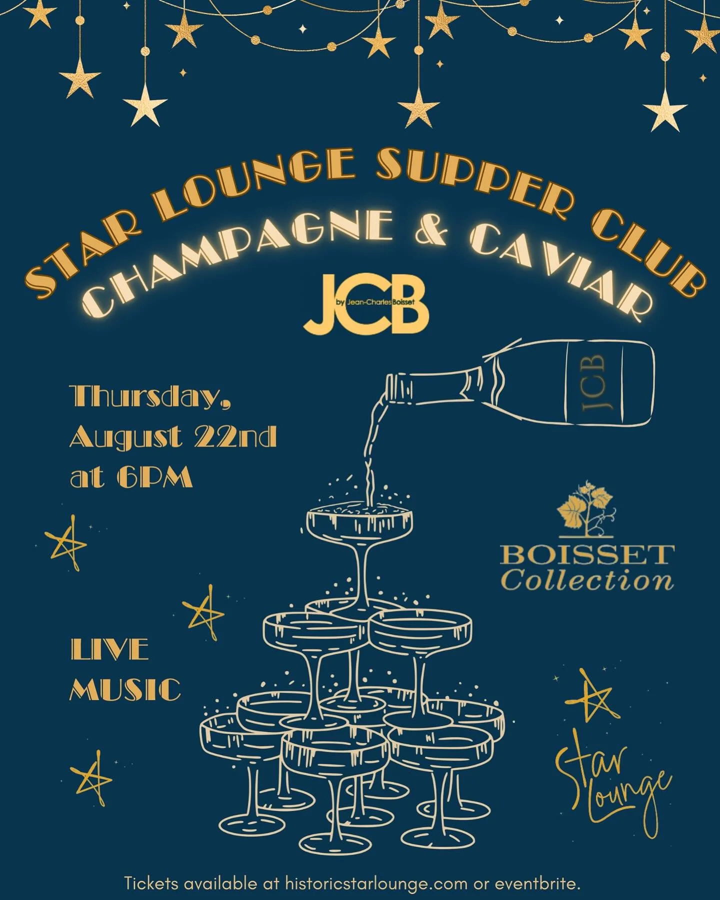 Join us for an unforgettable evening of elegance: 
A champagne tower, expertly curated by our sommelier, complemented by exquisite caviar, a cocktail party, coursed dinner, live music, and drinks from the @jcbcollection .

#historicstarlounge #starlo