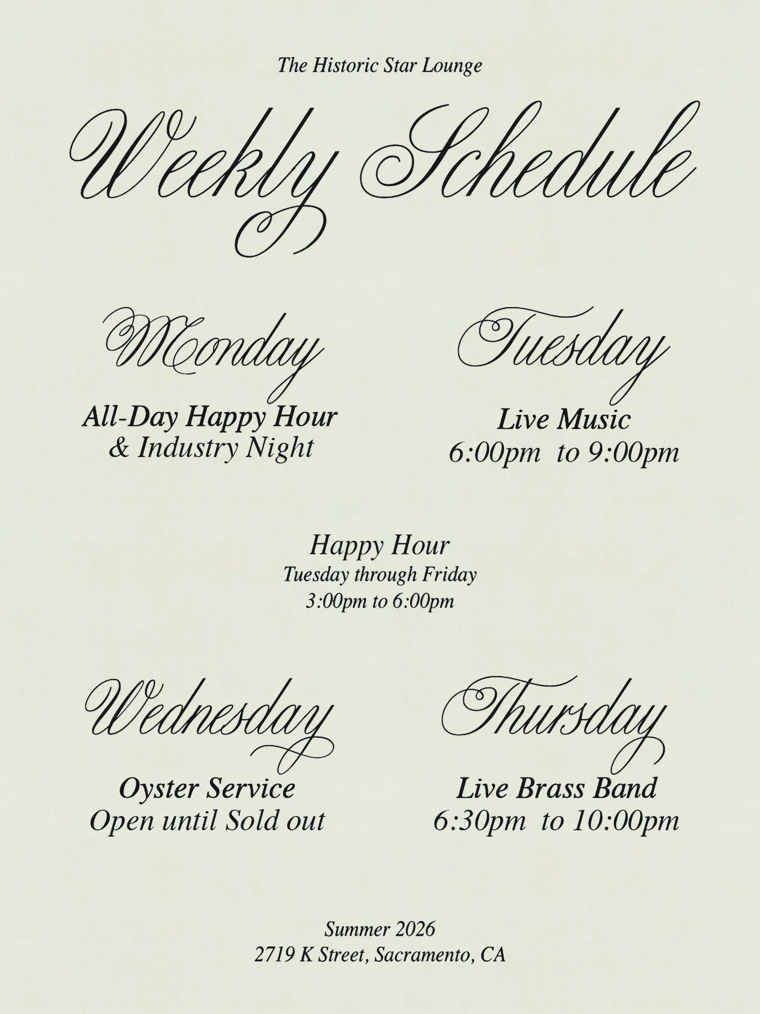We have lots of new weekly happenings here at The Star lounge:

Monday
Happy Hour all day long with a special Monday-exclusive appetizer and cocktail every week

Tuesday
Live Music with @samtheharpist or @pianokimi from 6pm-9pm

Wednesday
Fresh Marin