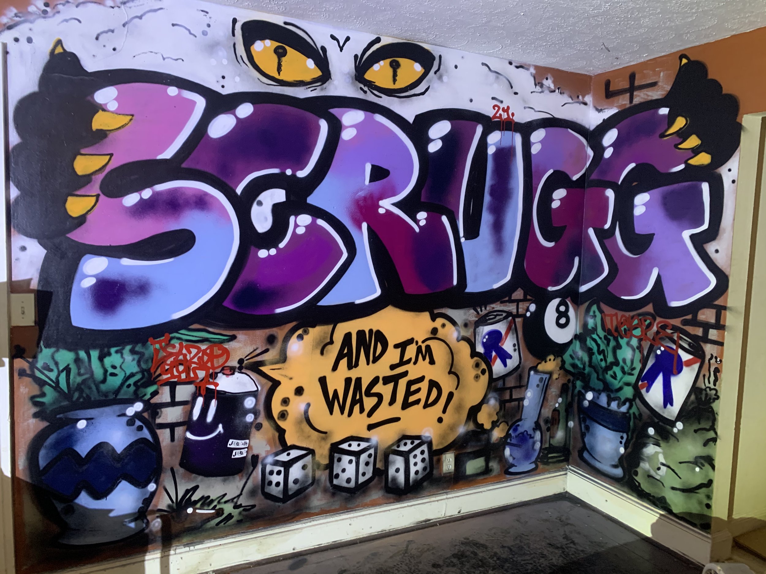 Creative graffiti inspired residential mural work with aerosol spray paints