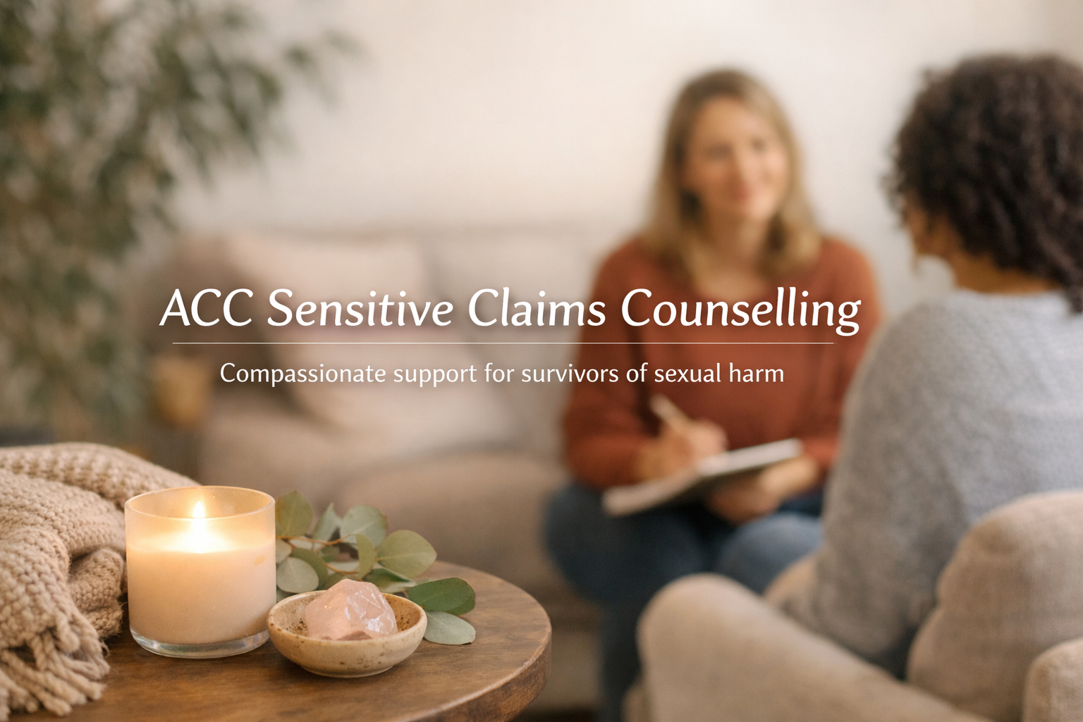 Two women having a counseling session in a cozy living room setting, with a lit candle and decorative items on a wooden table in the foreground, and a blurred background of a sofa and plant.