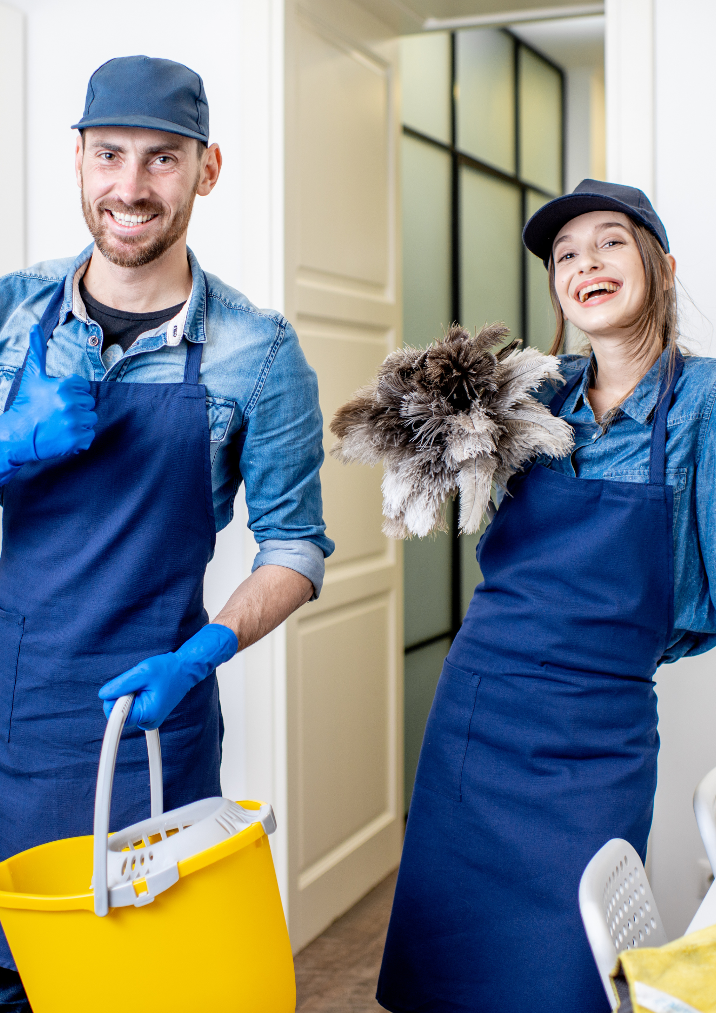 A man and woman dressed as cleaners, smiling, with cleaning supplies, in an indoor space.