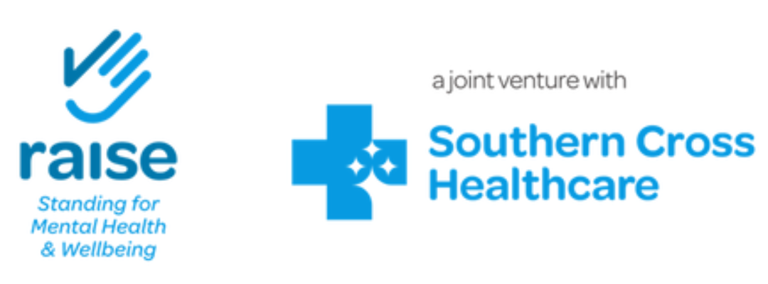 Logos of RAISE and Southern Cross Healthcare, with text indicating a joint venture and explaining RAISE as standing for Mental Health & Wellbeing.