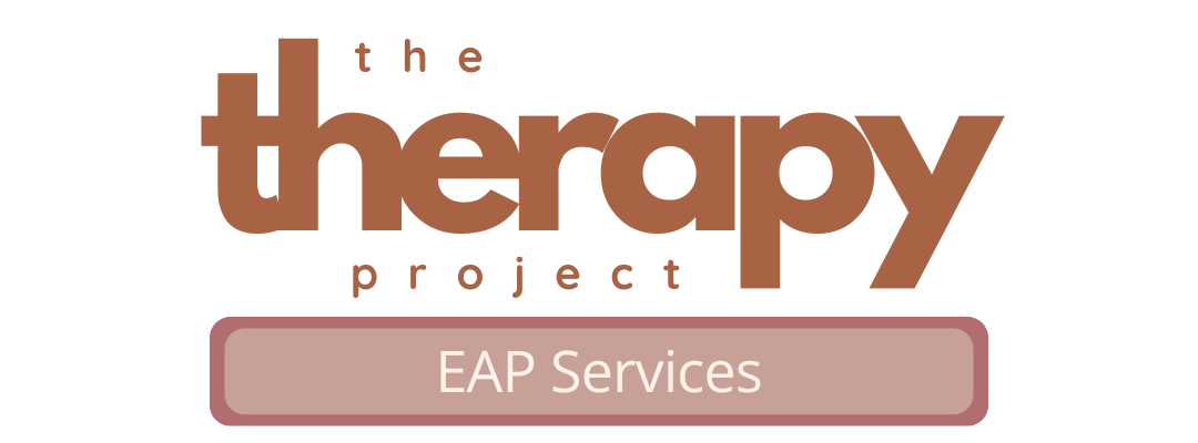 Logo for The Therapy Project EAP Services with the words 'the therapy project' in large brown and pinkish font.