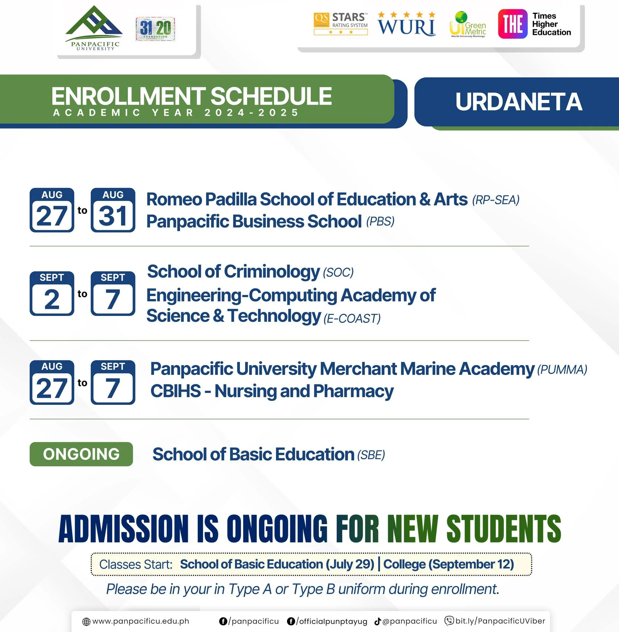 [ADMISSIONS ONGOING] [ENROLLMENT SCHEDULE]