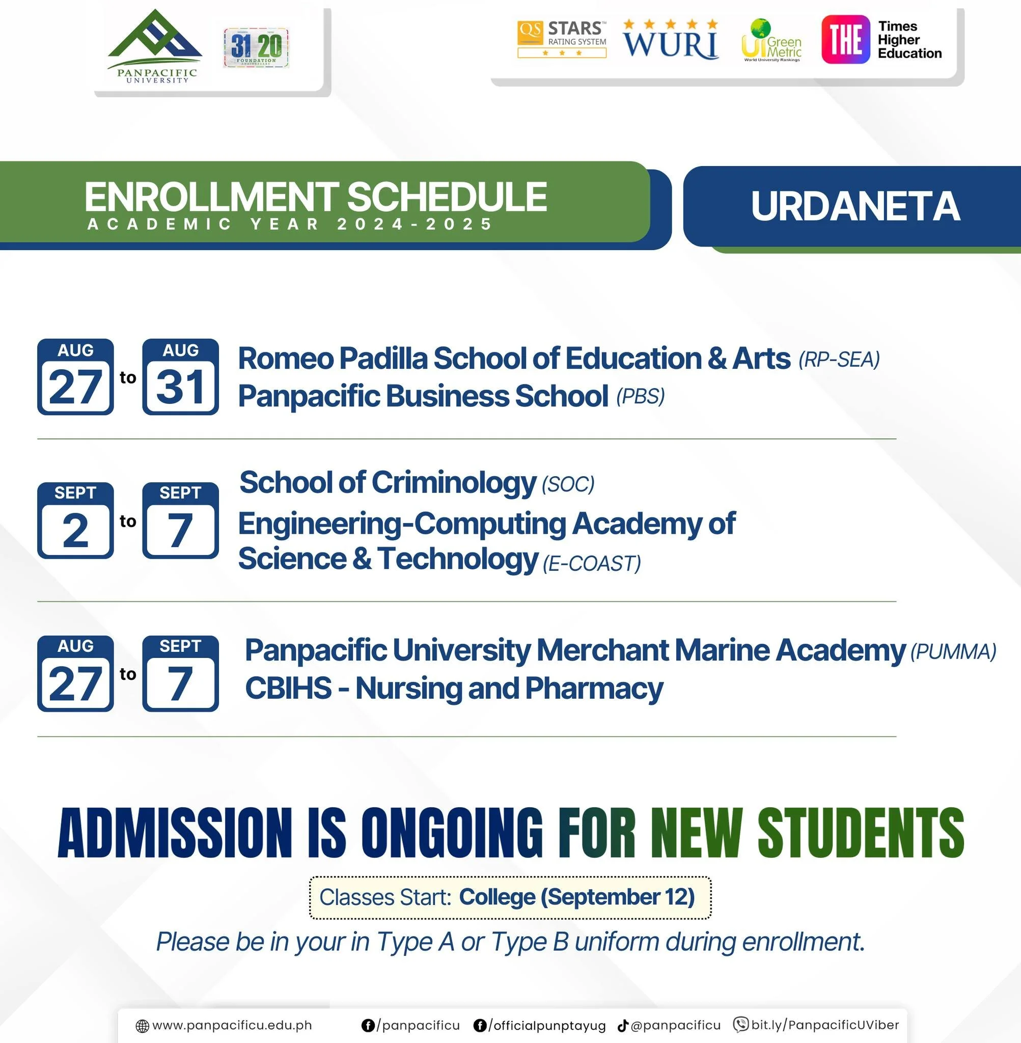 [ADMISSIONS ONGOING] [ENROLLMENT SCHEDULE]