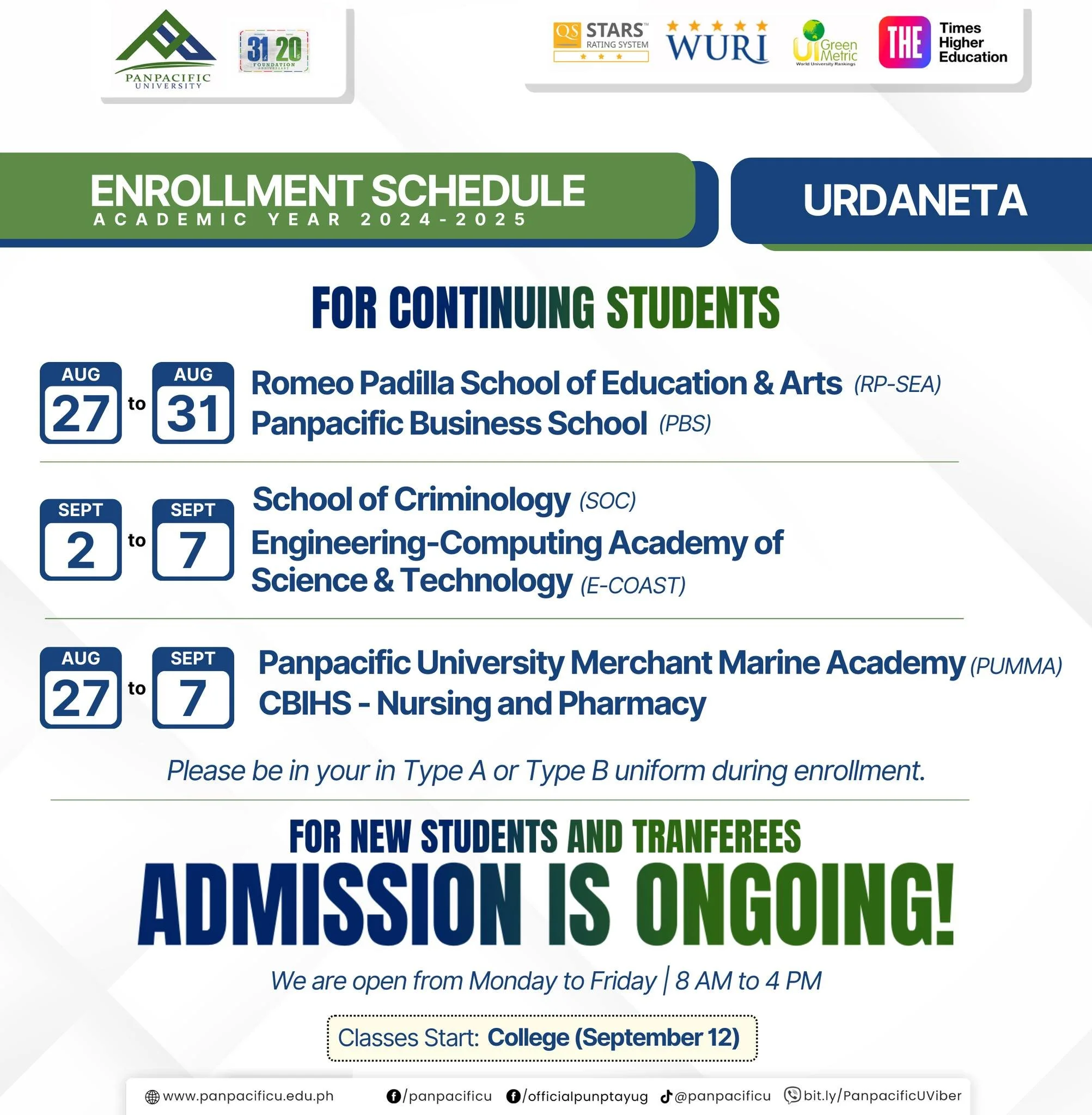 [ADMISSIONS ONGOING] [ENROLLMENT SCHEDULE]