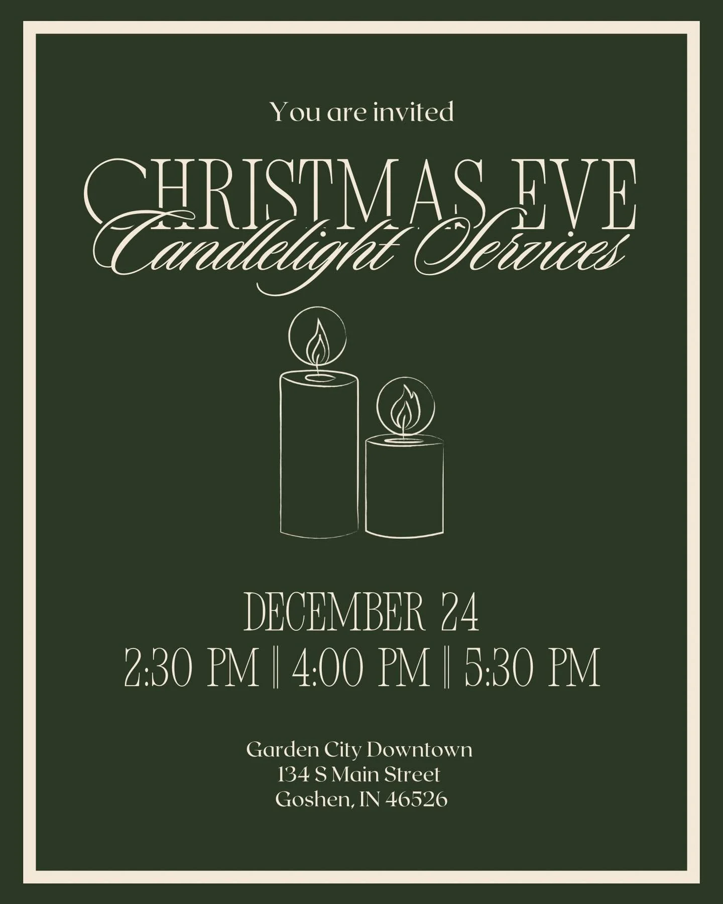Join us in celebrating the birth of Jesus at one of our Candlelight Christmas Eve services on December 24th at 2:30 pm, 4:00 pm and 5:30 pm. Share the good news and invite your family, friends, neighbors, and coworkers to join you at one of our Chris