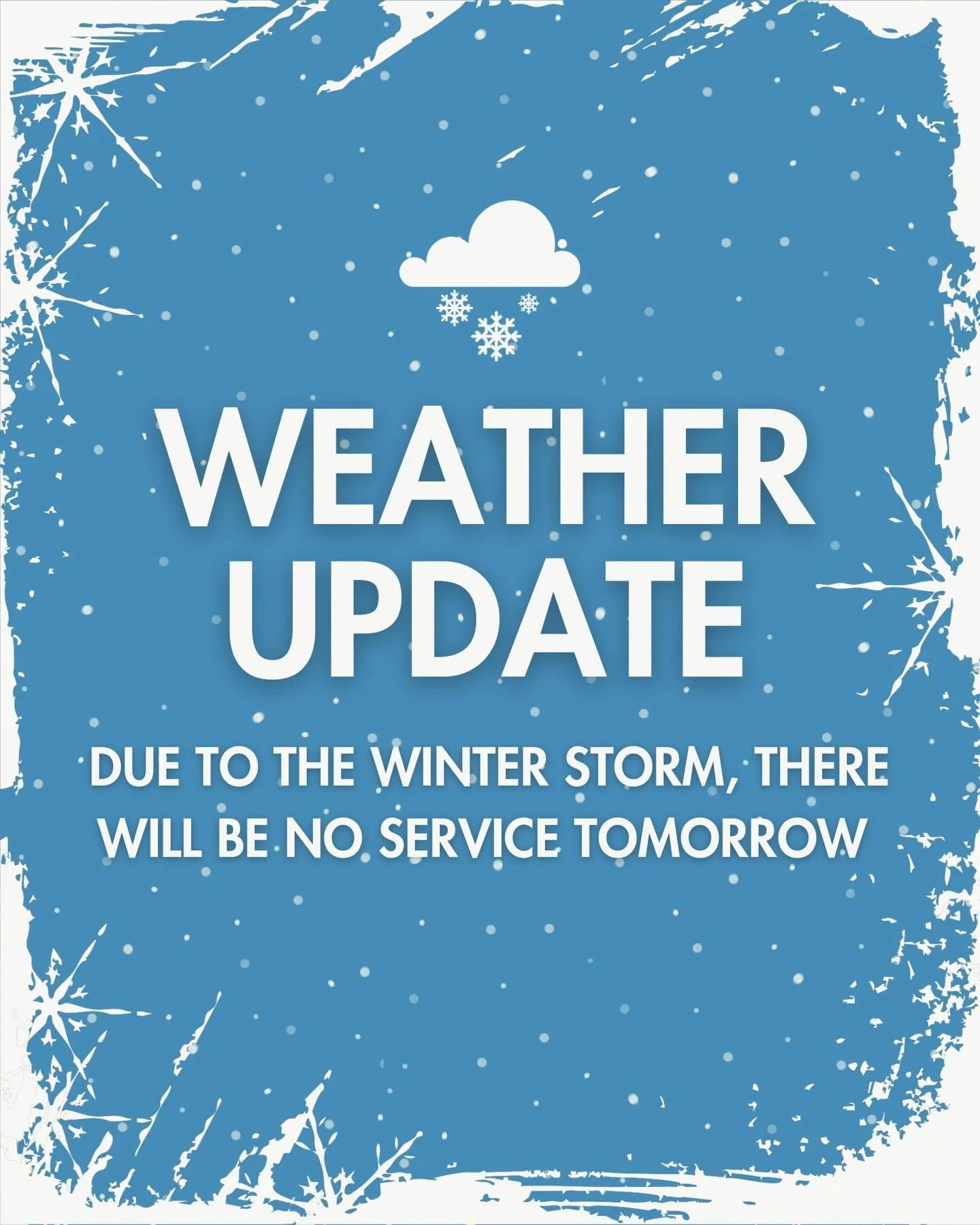 Due to the winter weather, we&rsquo;re canceling service tomorrow. This is never an easy decision, but with the potential for heavy snow, low temperatures, and wind chills, the safety of our church family and volunteers is our top priority. Please st