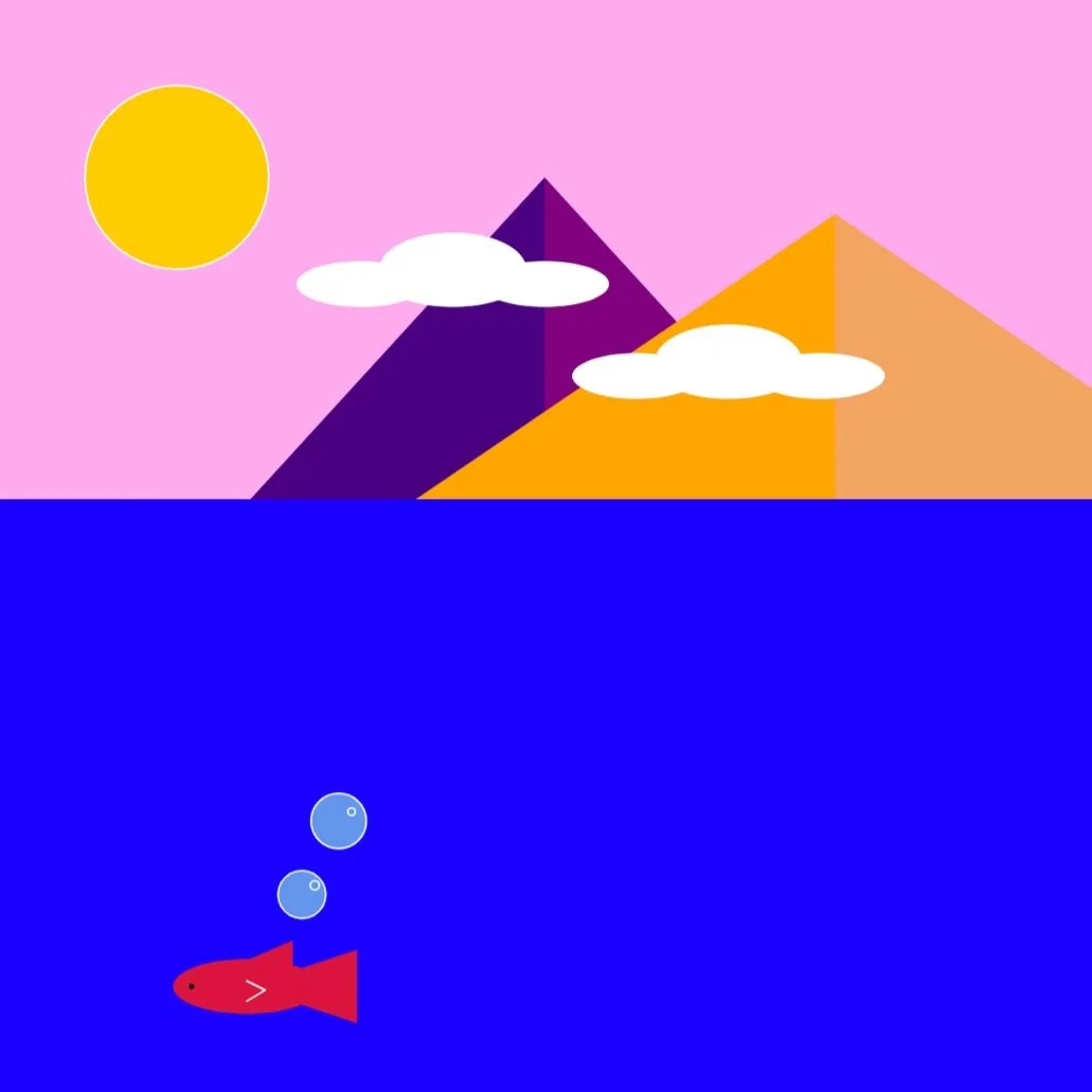 Baby Fish // One of my first attempts at digital art, this program attempts to control the fish by moving around the mouse. It works, but not with the range of motion I would have liked at the time. All of the images are coded into the background and