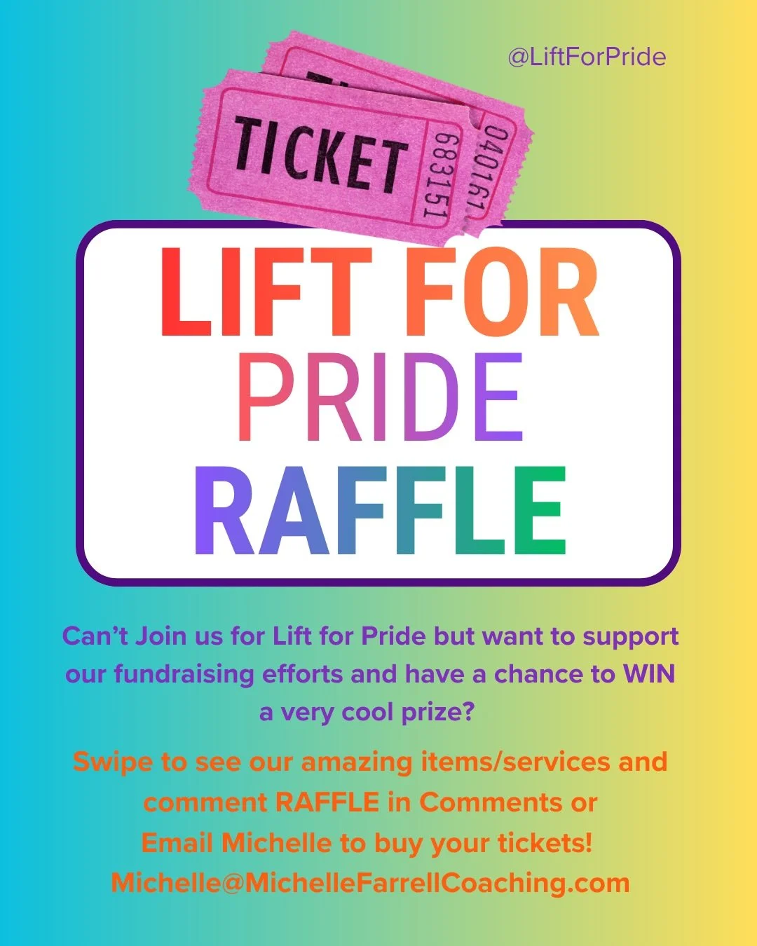 🚨 RAFFLE ALERT! 🚨 

🎟️ Can&rsquo;t come to @liftforpride but want to support? We have AMAZING raffle items this year and you can purchase tickets even if you can&rsquo;t attend the event.

🎟️ Comment raffle or email Michelle michelle@michellefarr