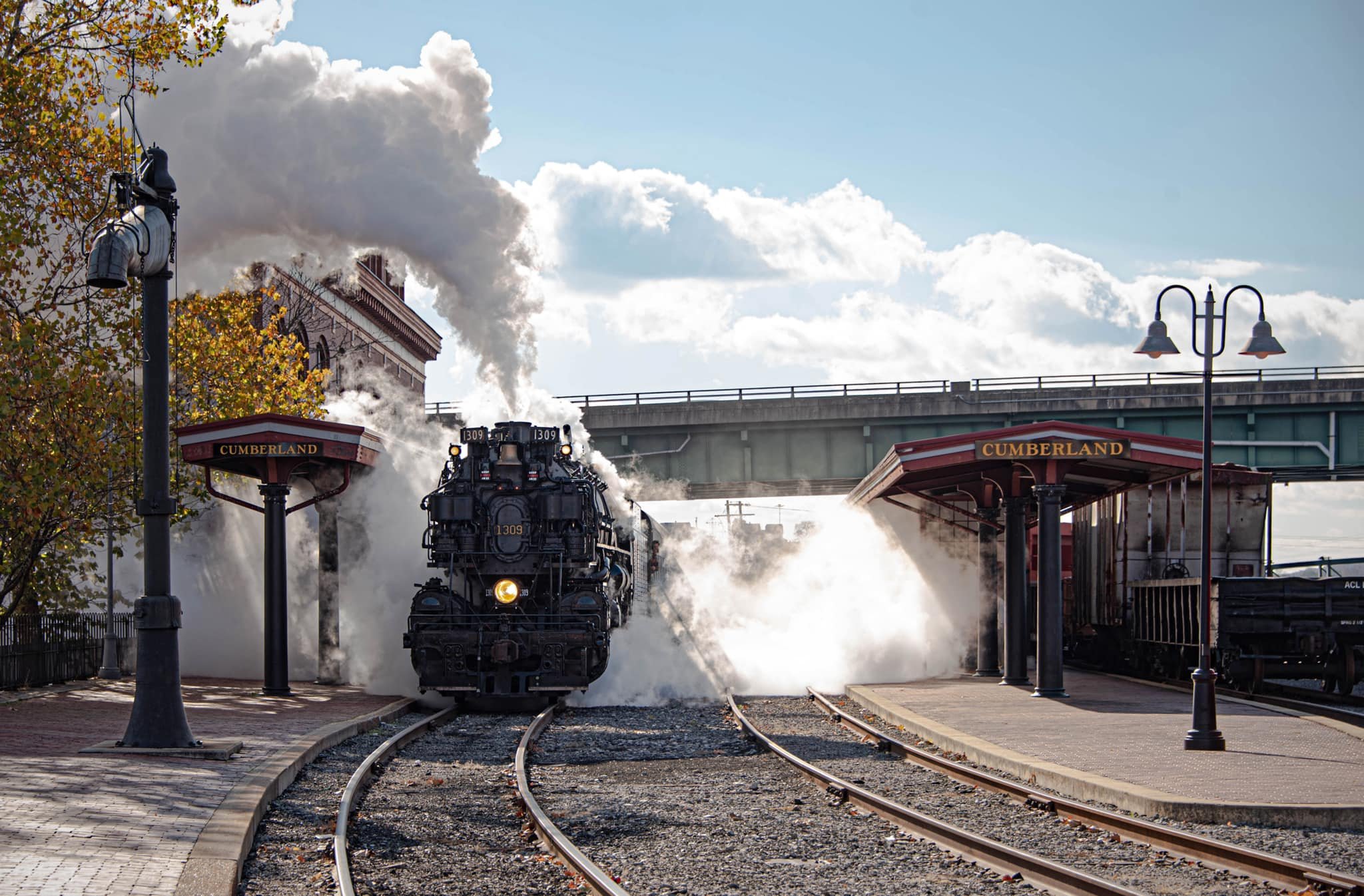 Western Maryland Scenic Railroad locomotive No. 1309 sits outside the Cumberland, Maryland station preparing for a scenic train ride through mountain Maryland.