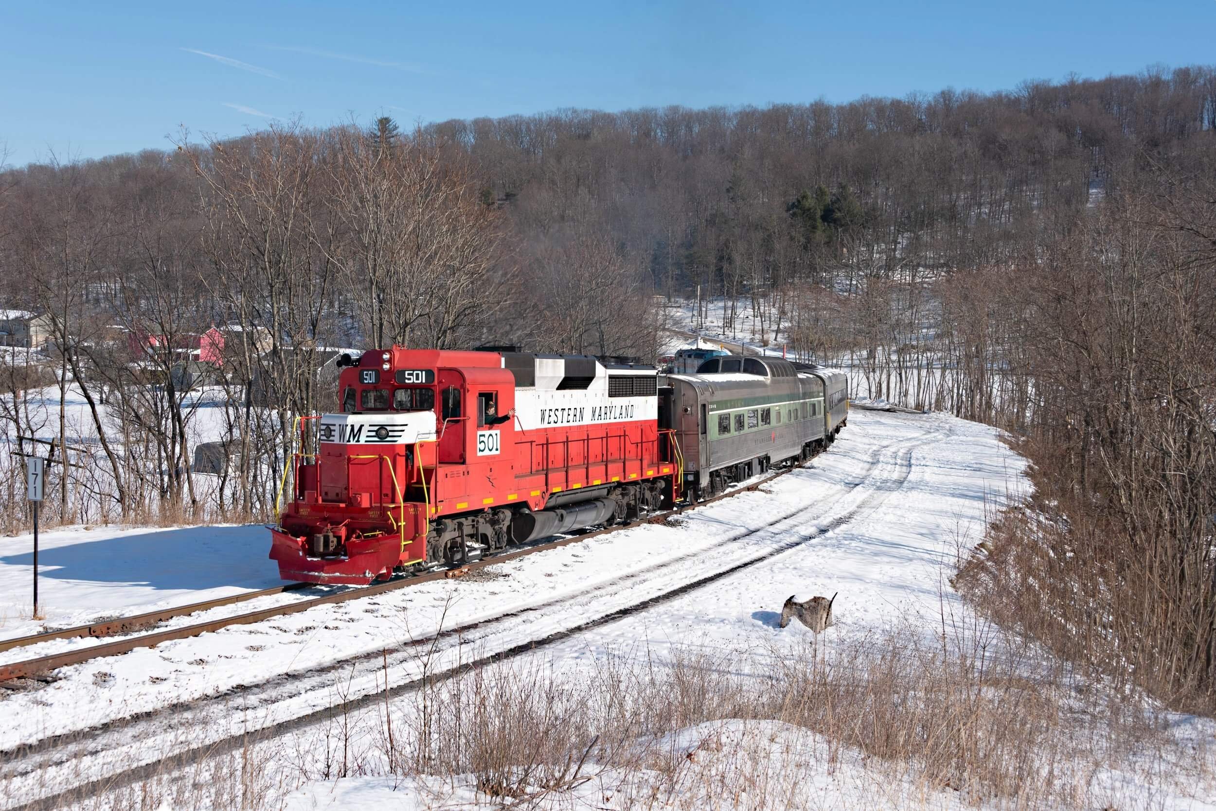 Western Maryland Scenic Railroad Frostburg Flyer Winter Service traverses the scenic route between Cumberland and Frostburg, Maryland with a full brunch menu and bar.